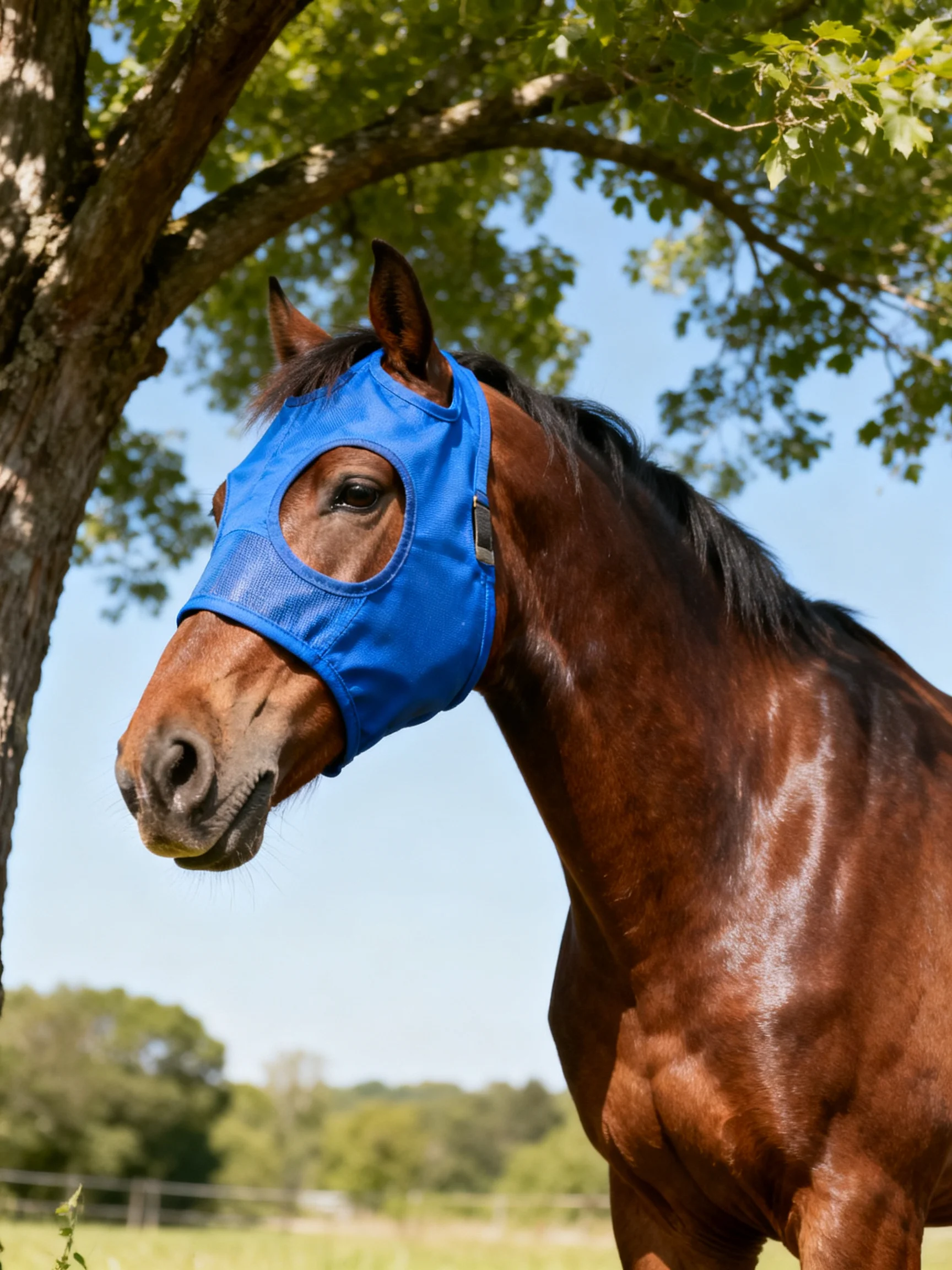 A brown horse wearing a bright blue fly mask near a tree