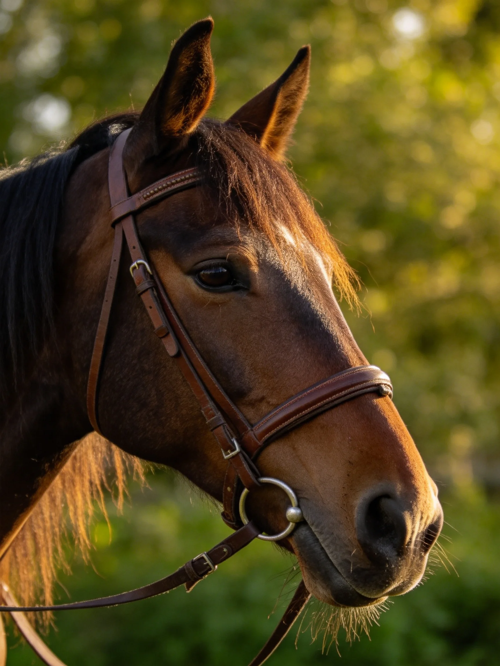 A brown horse wearing a brown leather bridle in a sunlit outdoor setting
