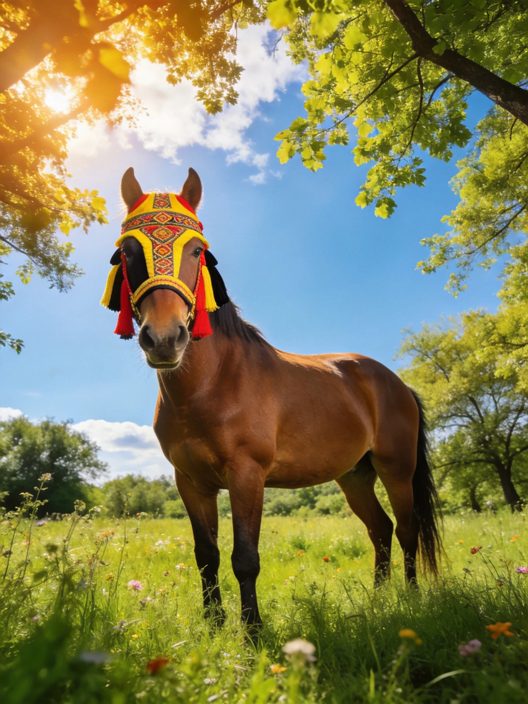 A brown horse wearing a colorful traditional headdress stands in a sunlit meadow