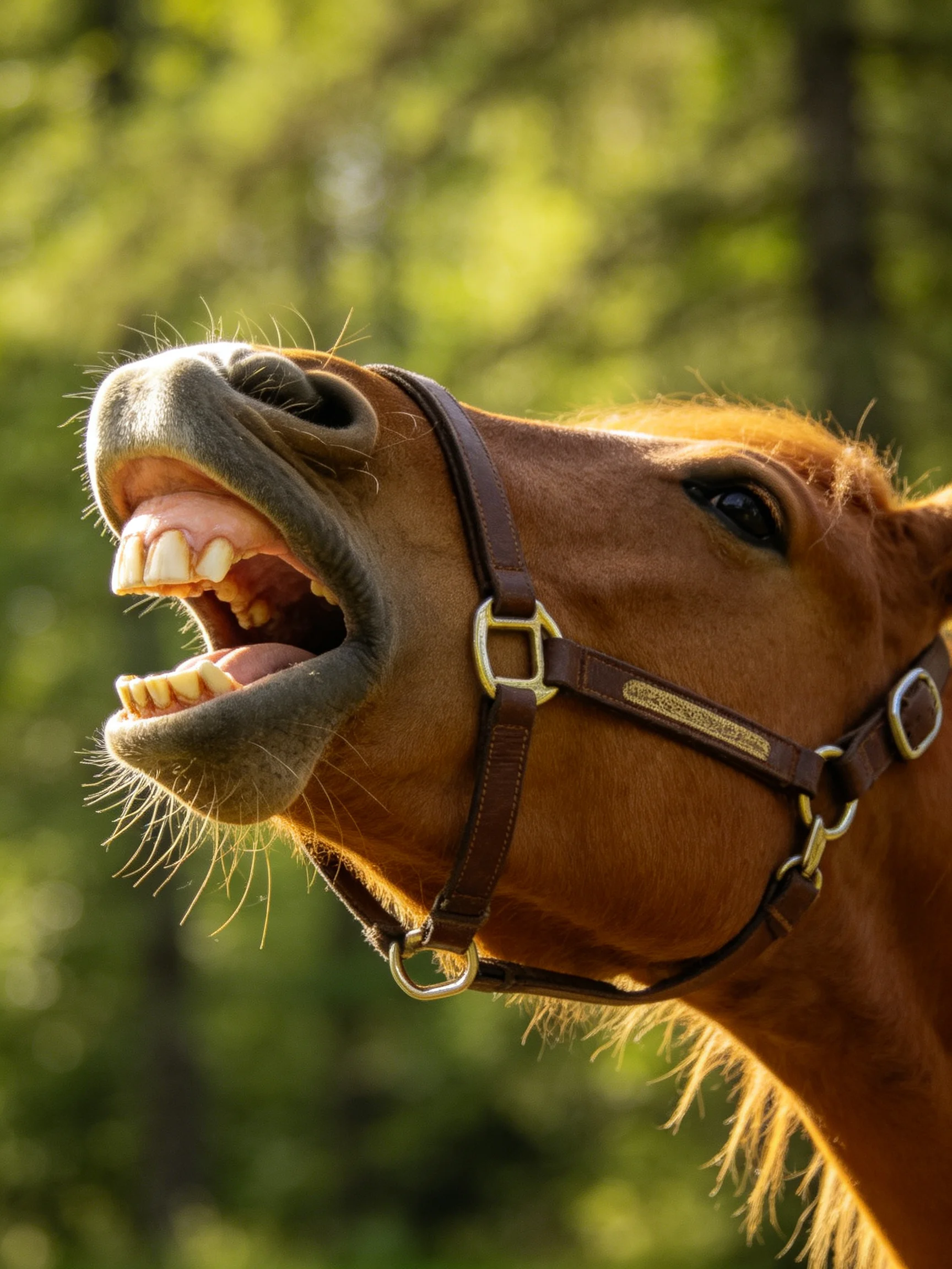 A brown horse wearing a leather halter yawns amid sun-dappled greenery