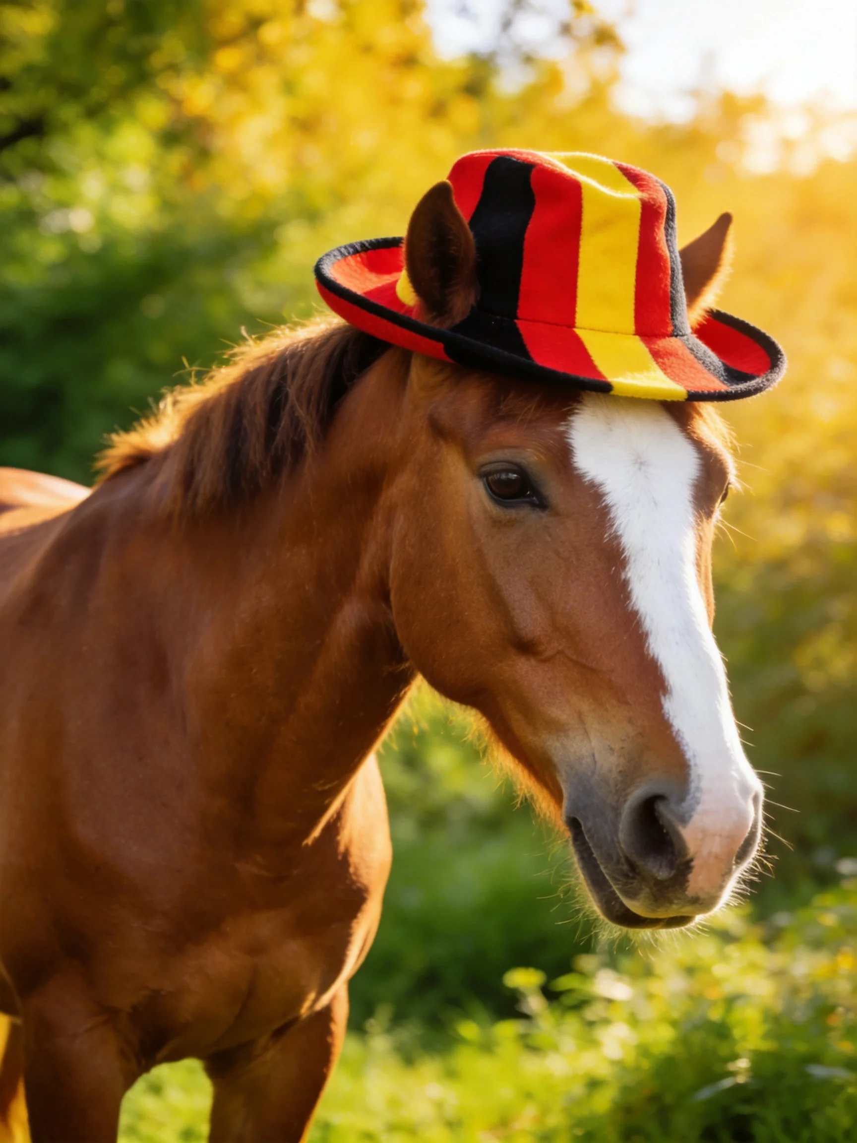 A brown horse wearing a red-yellow-black striped hat in a sunlit field