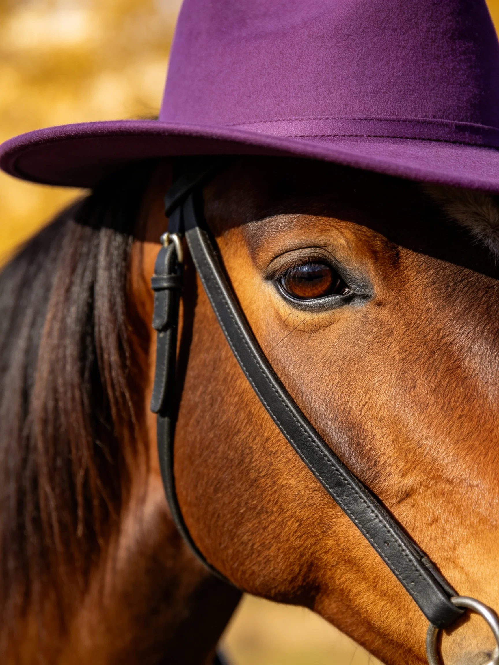A brown horse wearing a vibrant purple hat with a black bridle
