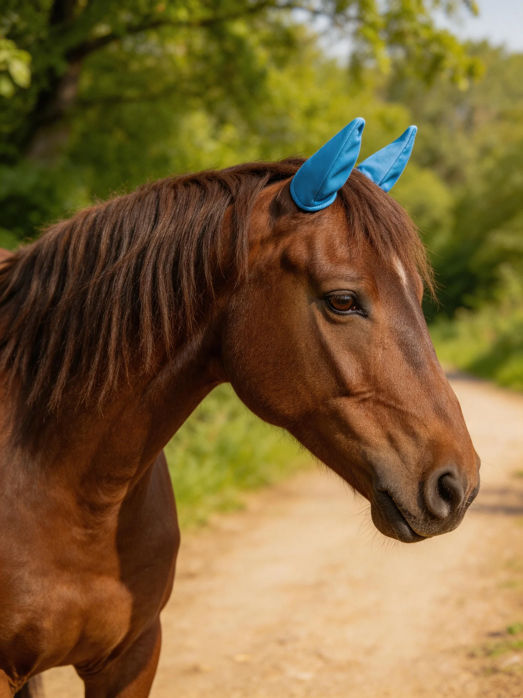 A brown horse wearing bright blue horn - shaped accessories near a dirt path