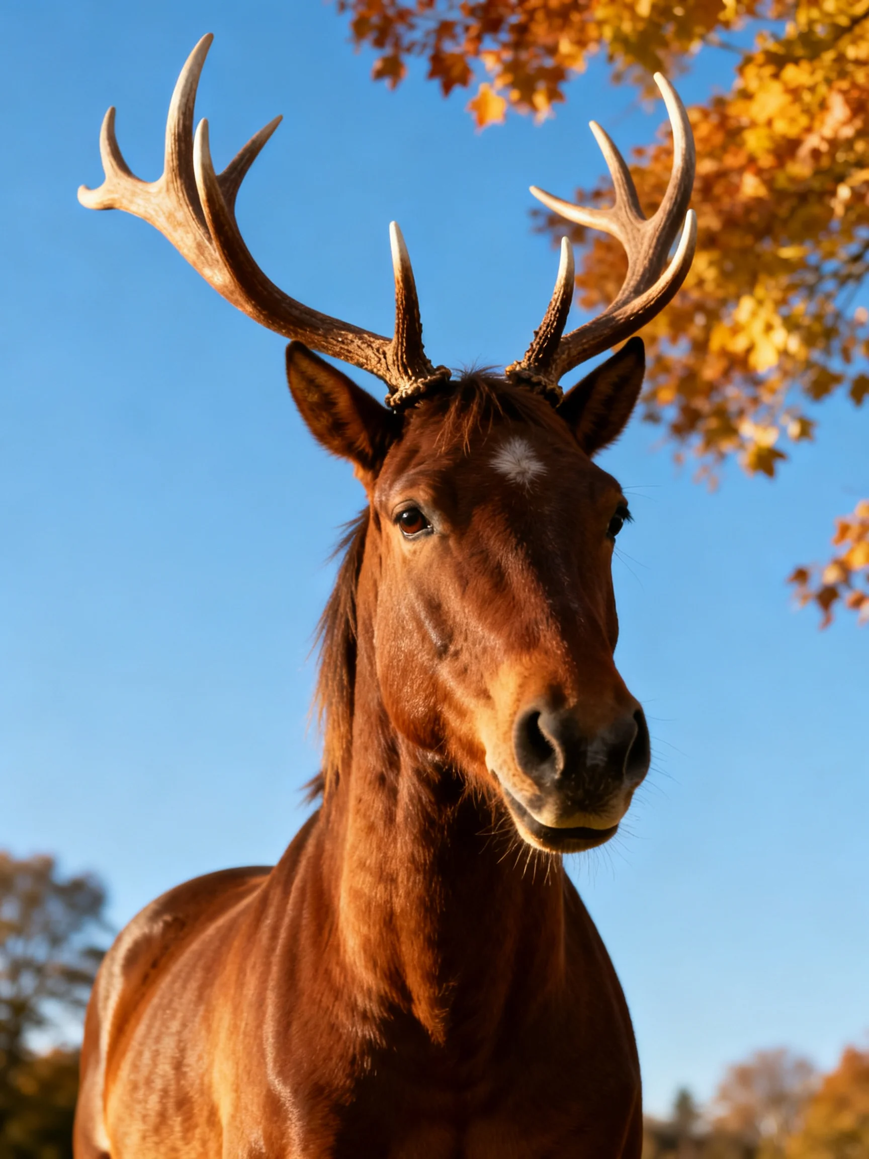 A brown horse wearing large deer antlers under autumn foliage