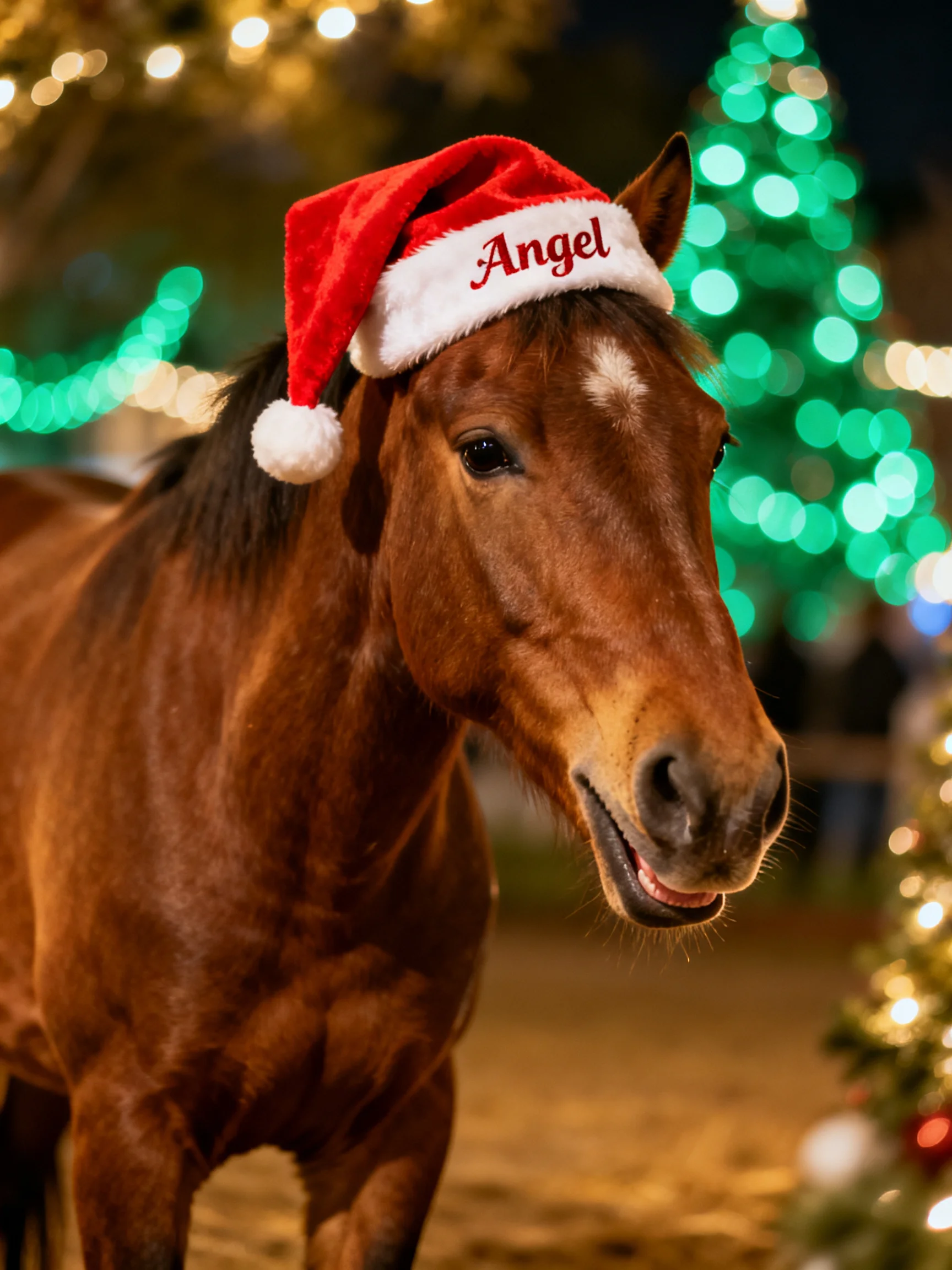 A brown horse wears a red Santa hat labeled Angel near glowing Christmas trees