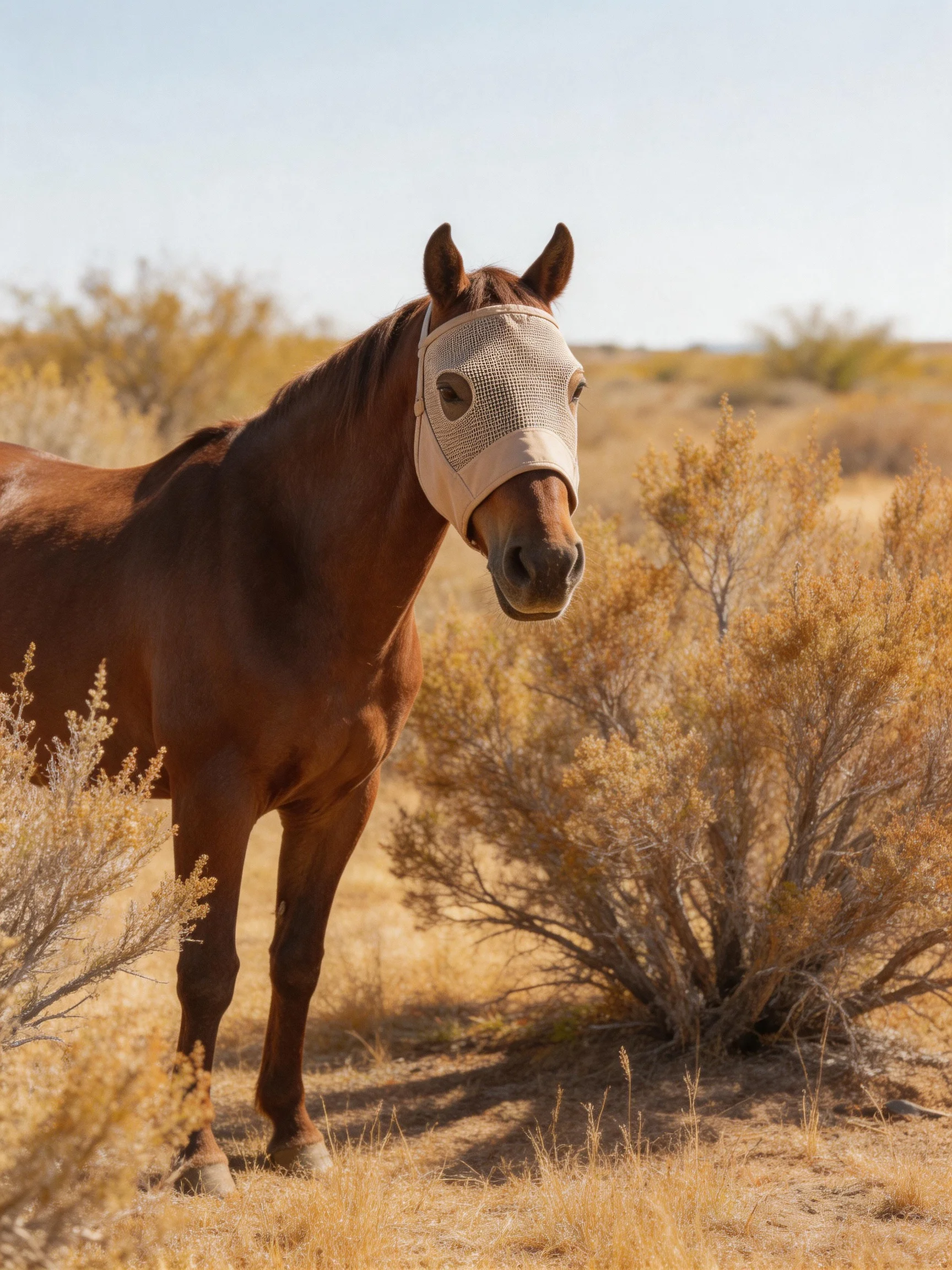 A brown horse with a beige fly mask in an arid landscape