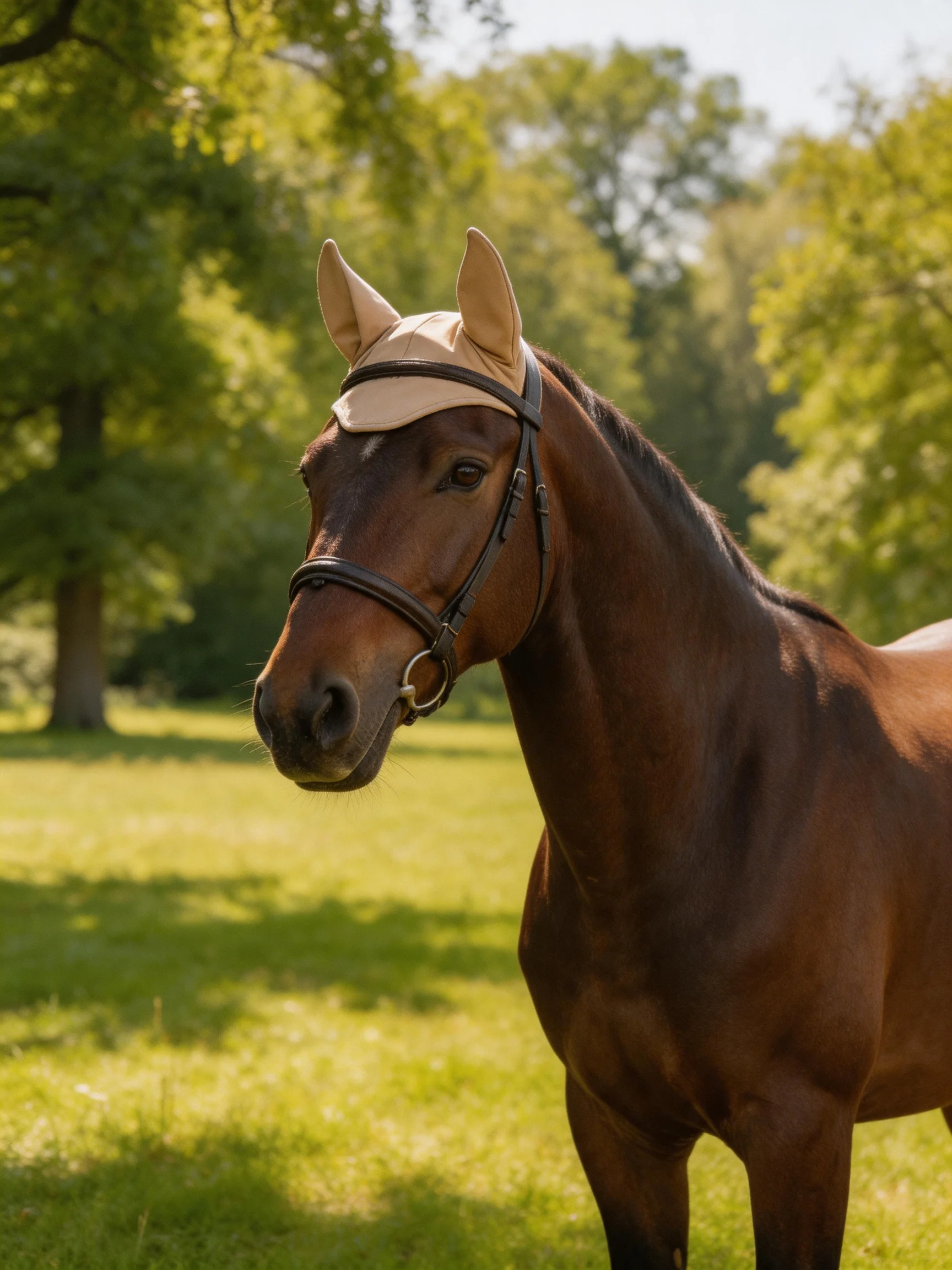 A brown horse with a beige head covering in a sunlit meadow