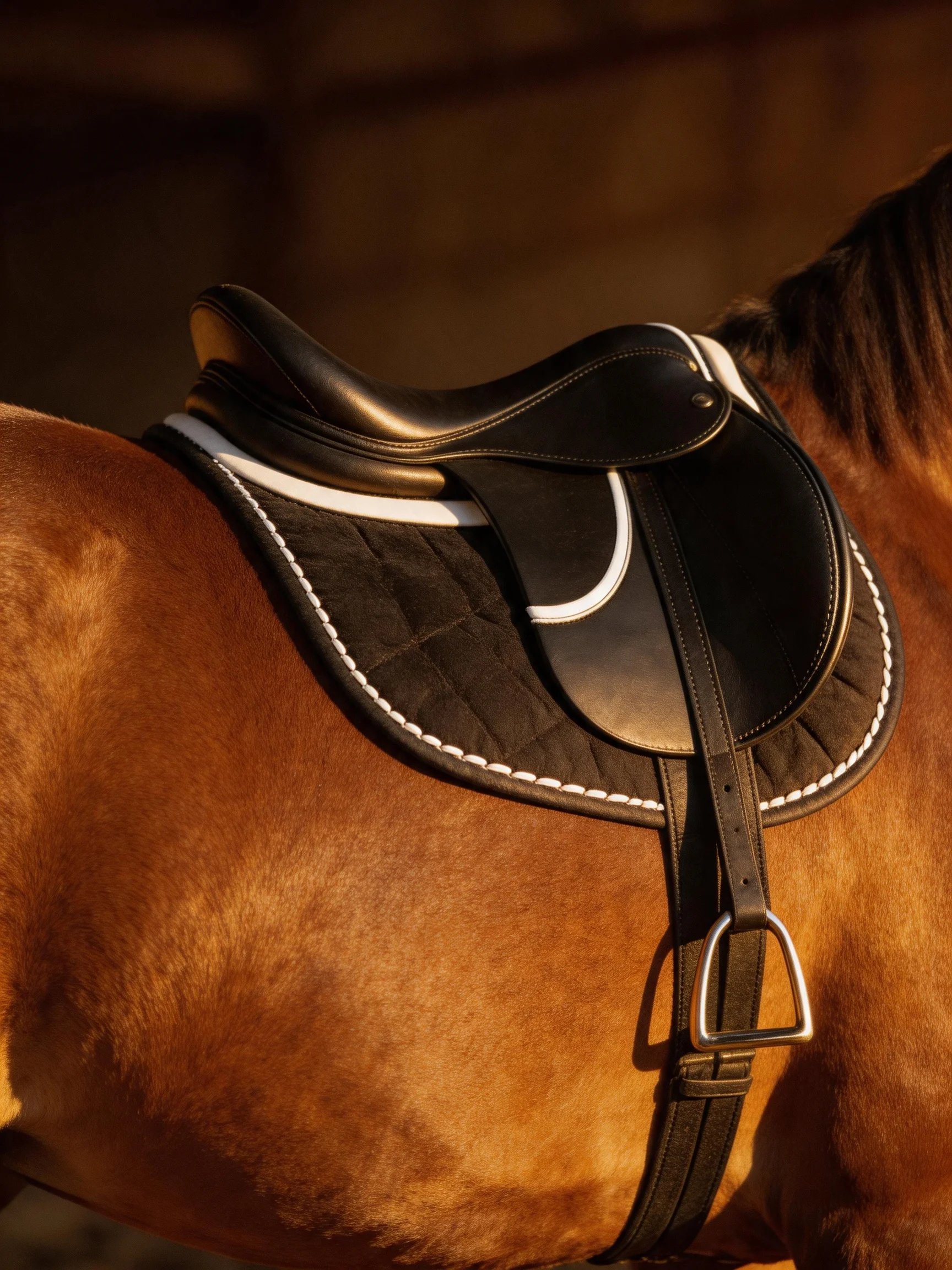 A brown horse with a black leather saddle featuring white stitching
