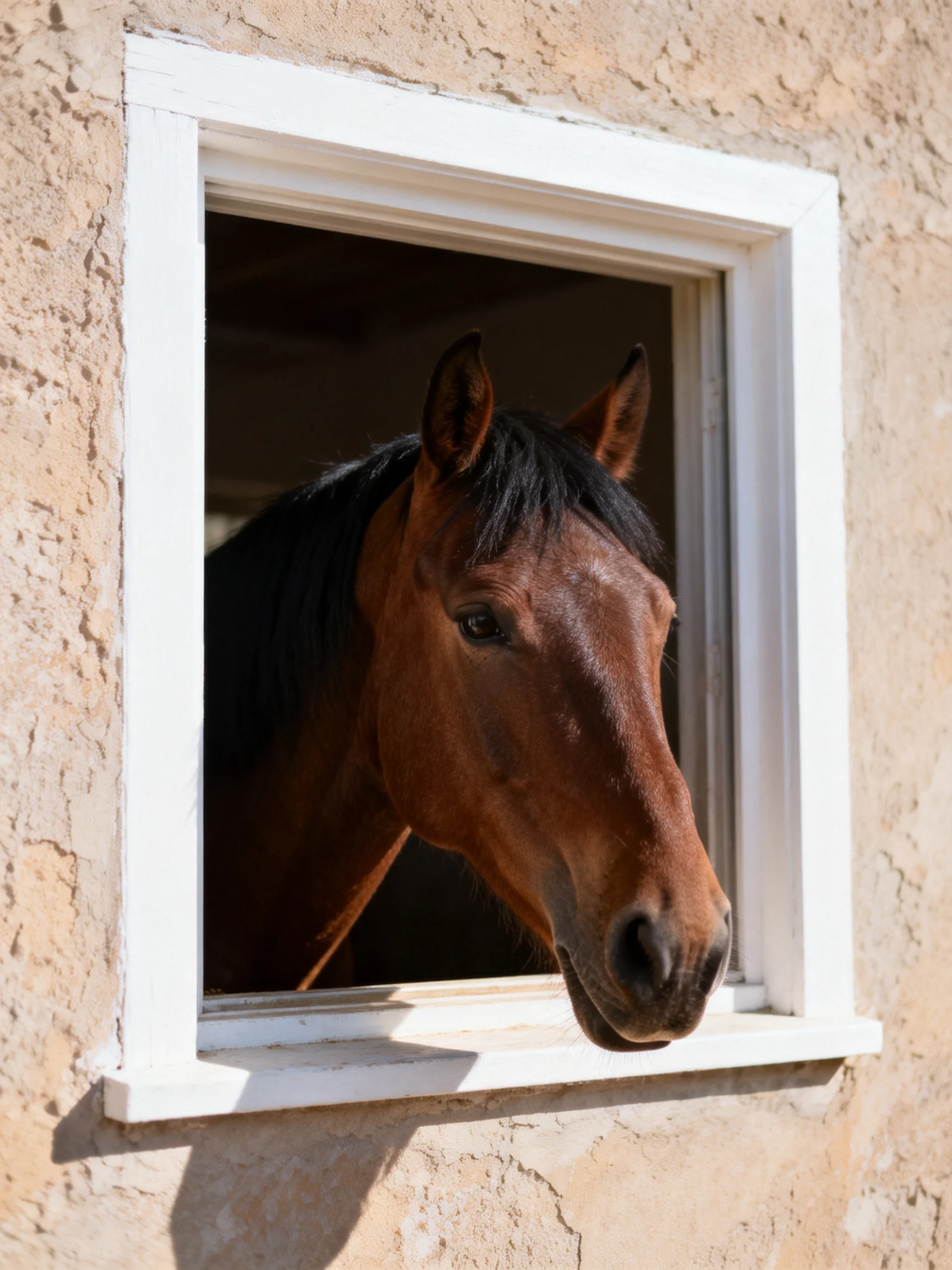 A brown horse with a black mane peers from a white-framed window in a textured stone wall