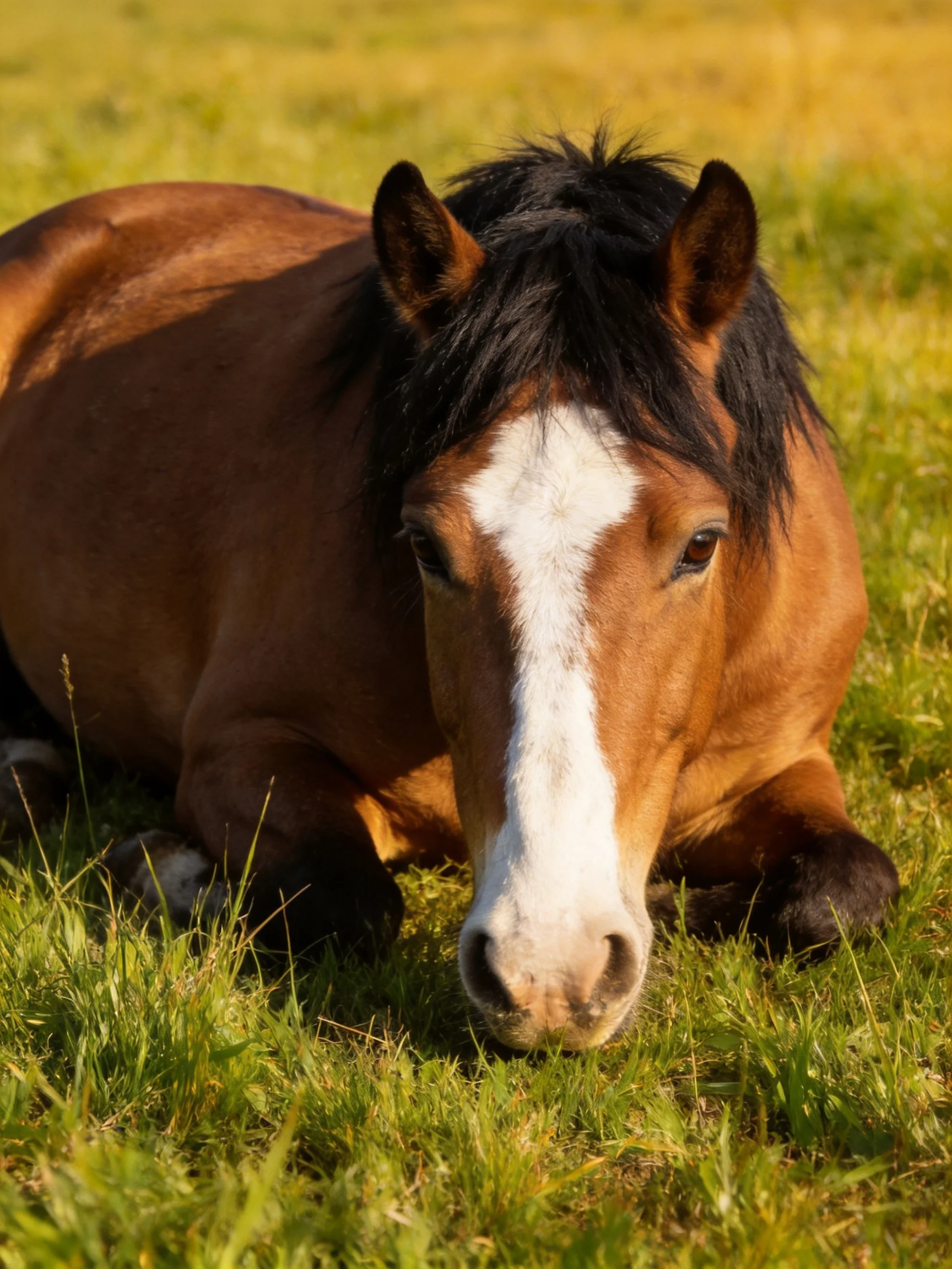 A brown horse with a black mane rests on lush green grass