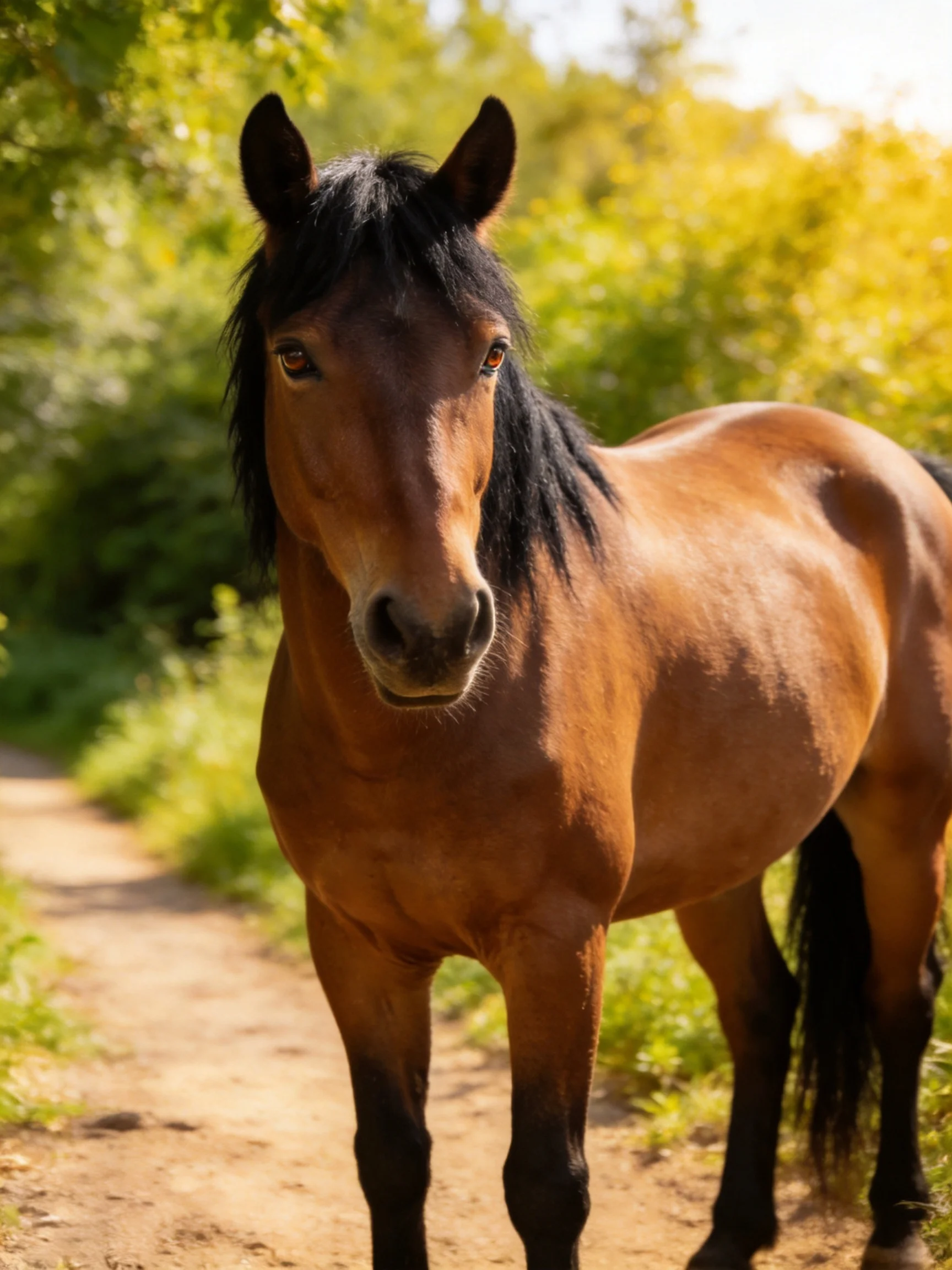 A brown horse with a black mane stands on a sunlit dirt path