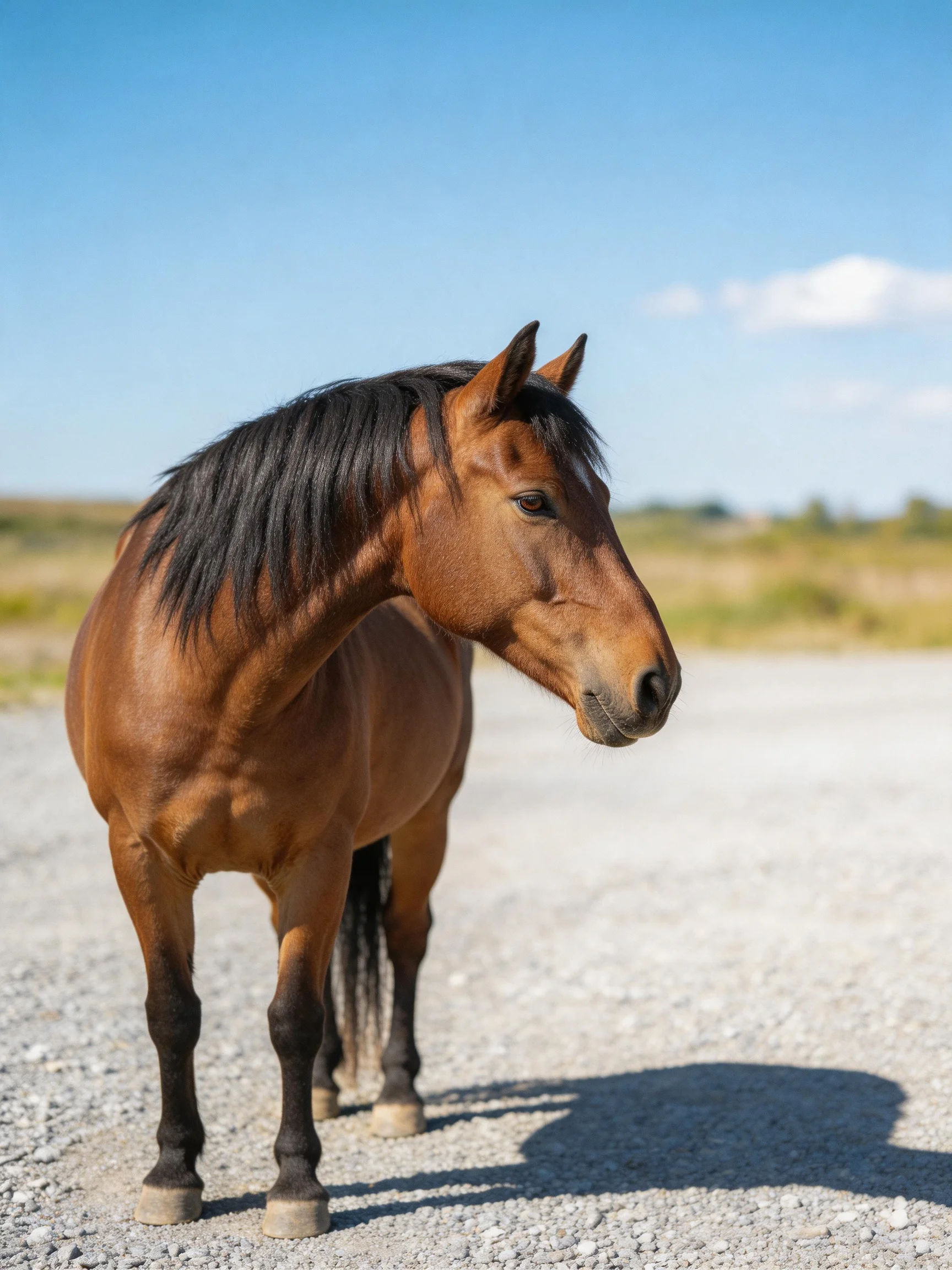 A brown horse with a black mane stands on gravel under a clear blue sky