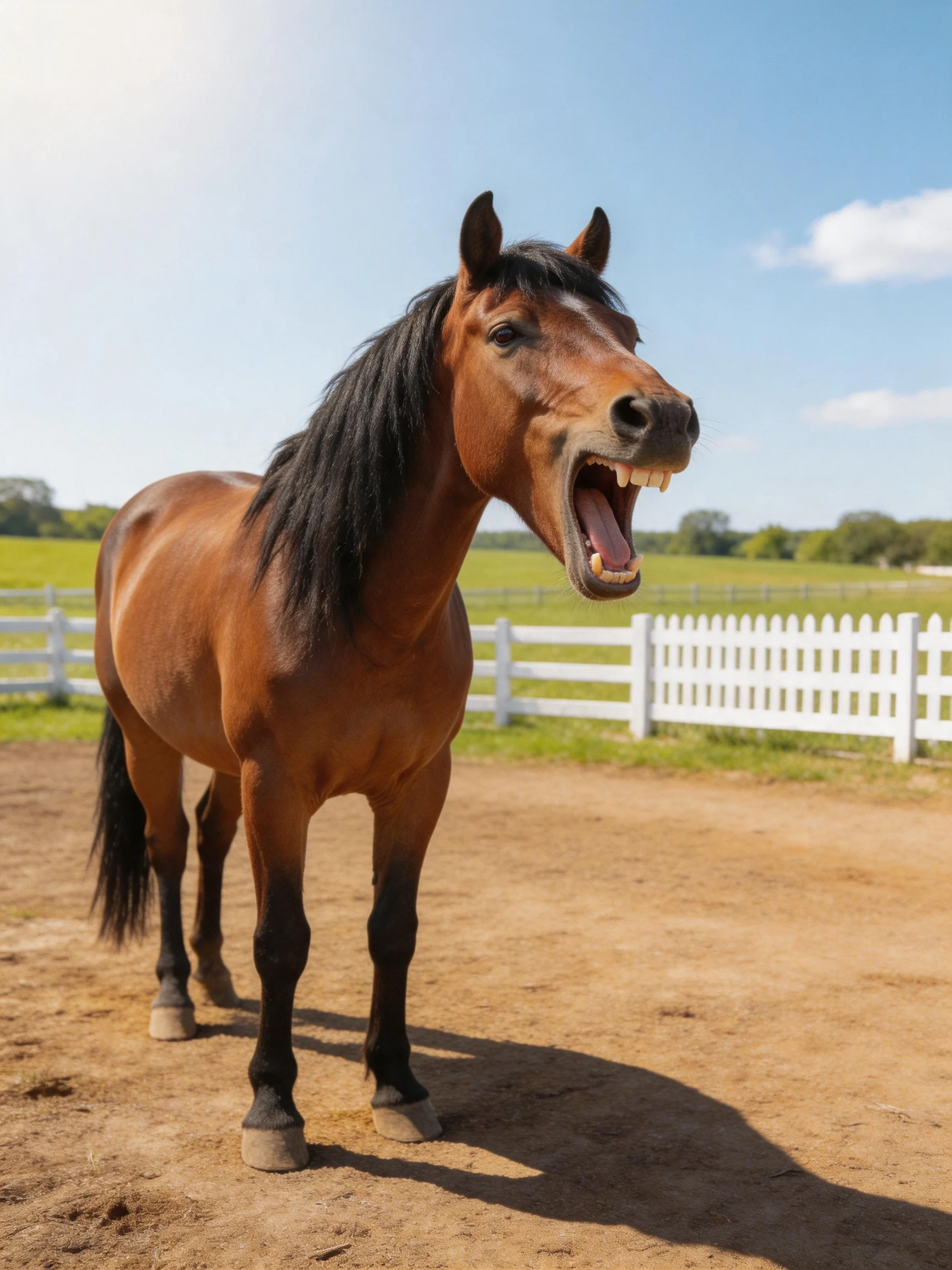 A brown horse with a black mane yawns in an open paddock