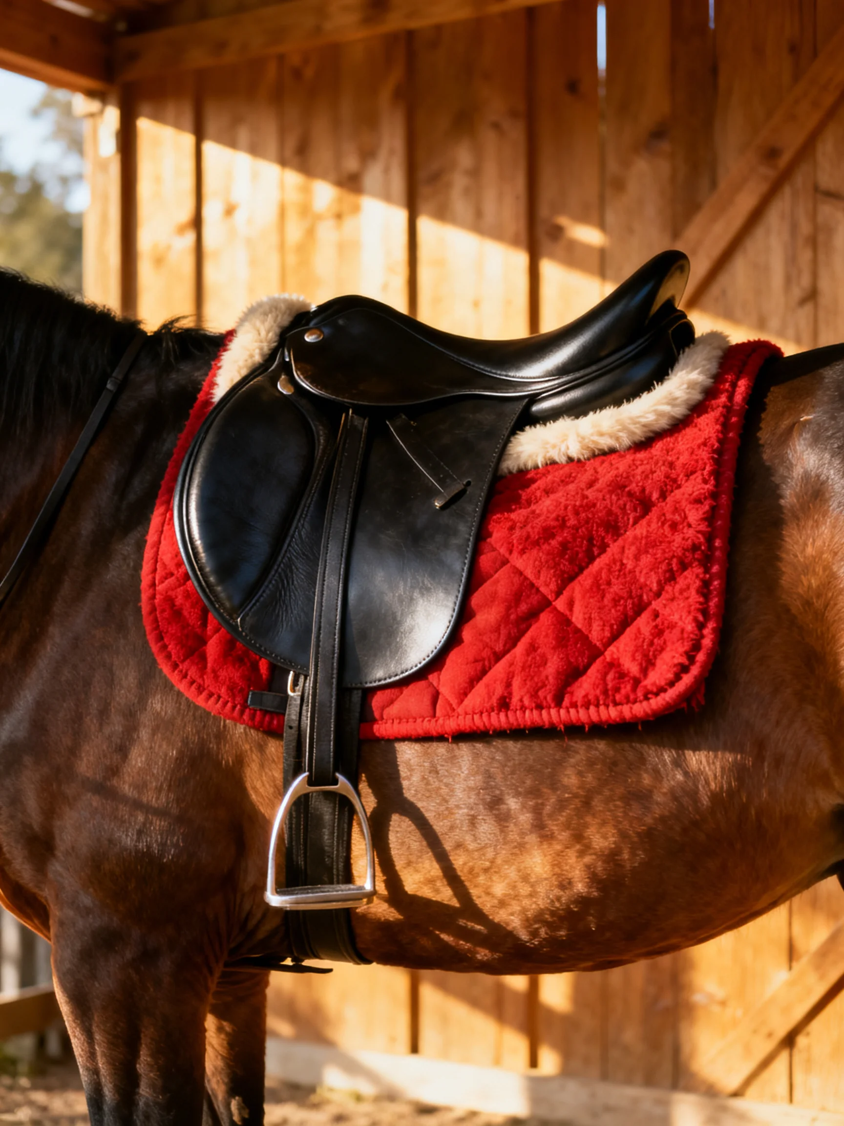 A brown horse with a black saddle and red pad in a wooden stable