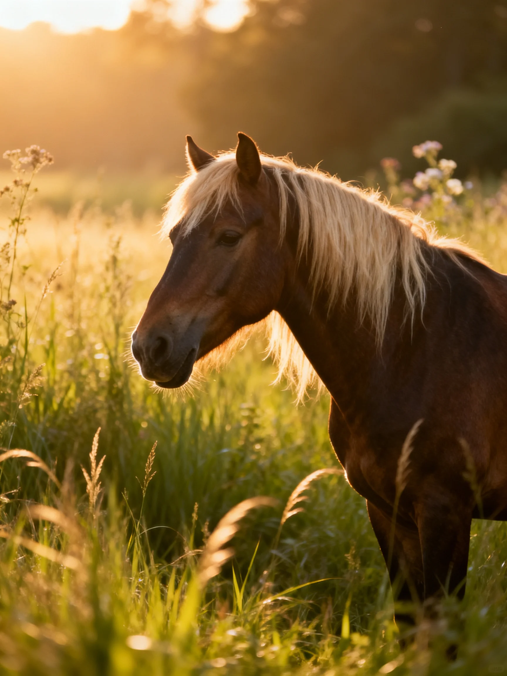 A brown horse with a blonde mane stands in a sunlit meadow