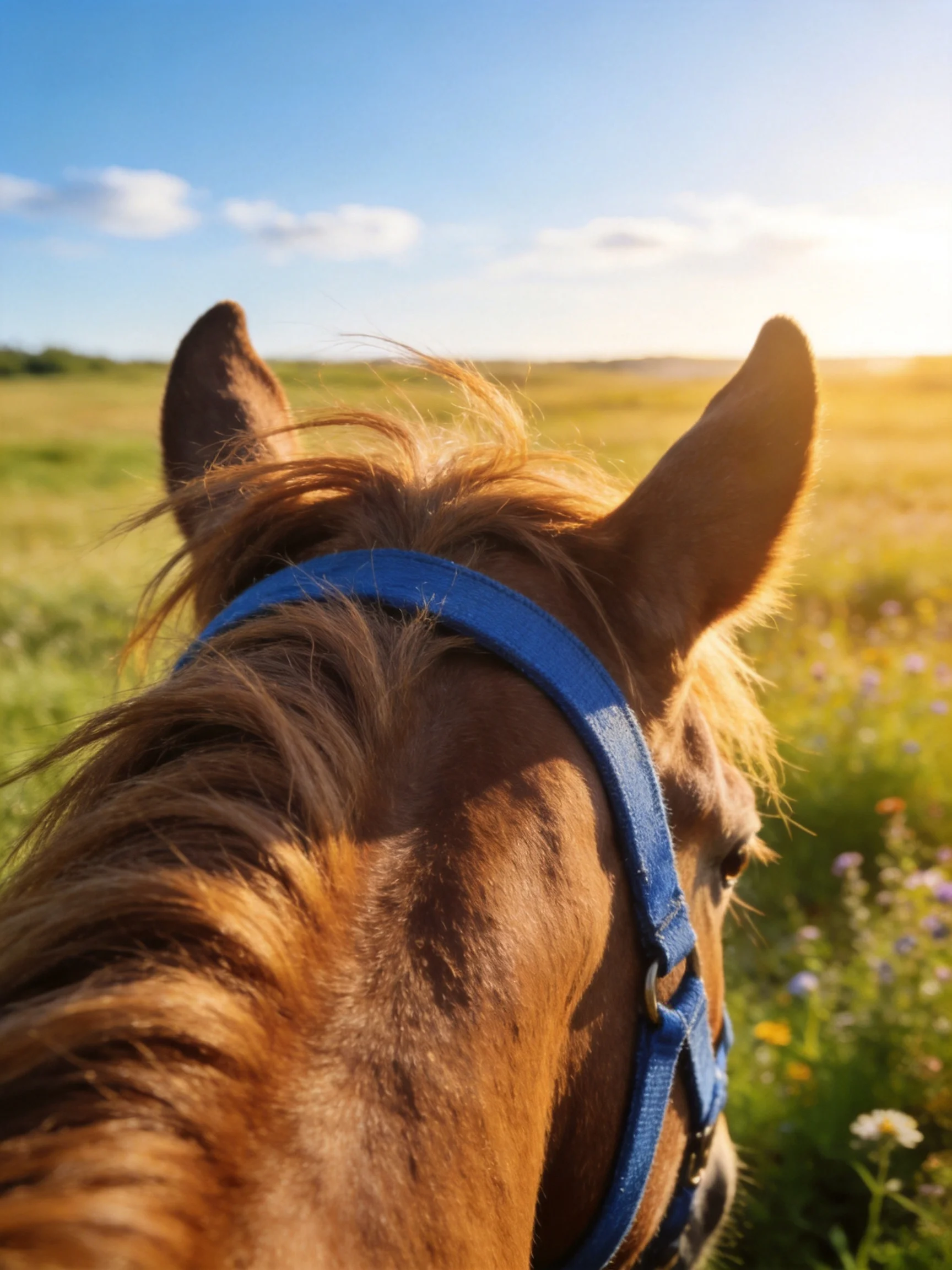 A brown horse with a blue halter in a sunlit meadow