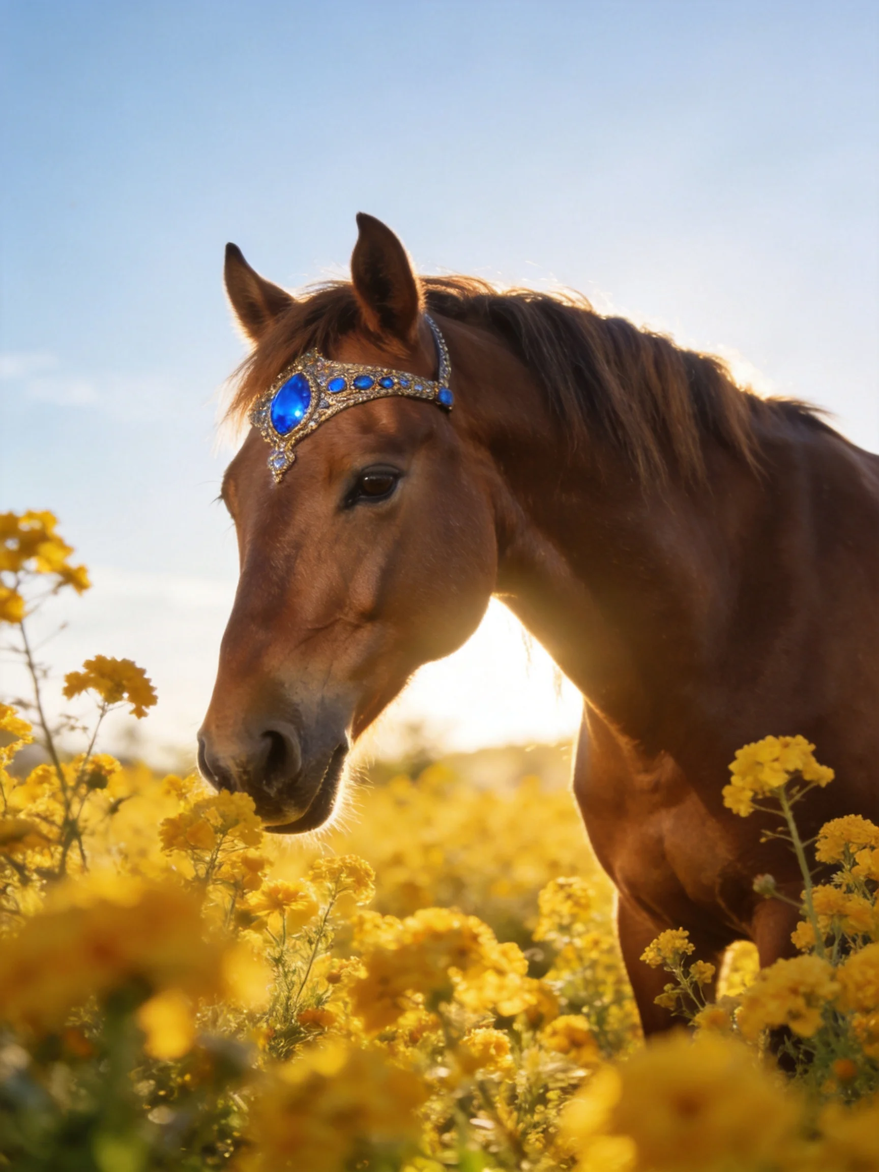 A brown horse with a blue jeweled headband in a vibrant yellow flower field