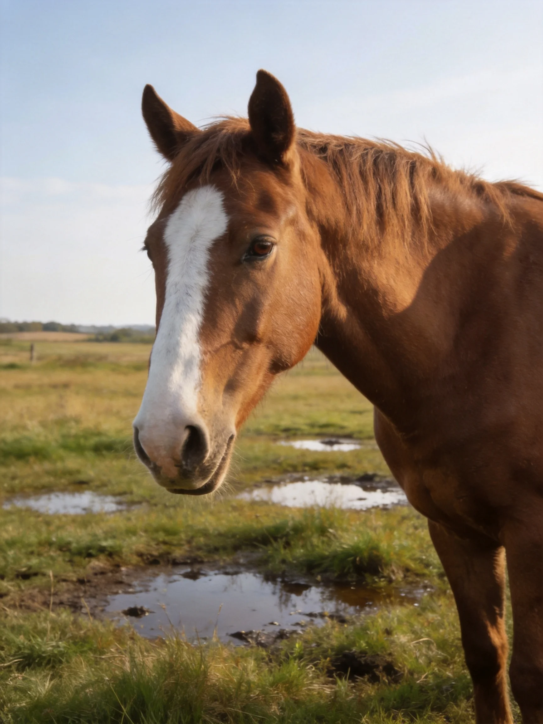 A brown horse with a bold white blaze stands in a grassy field near puddles
