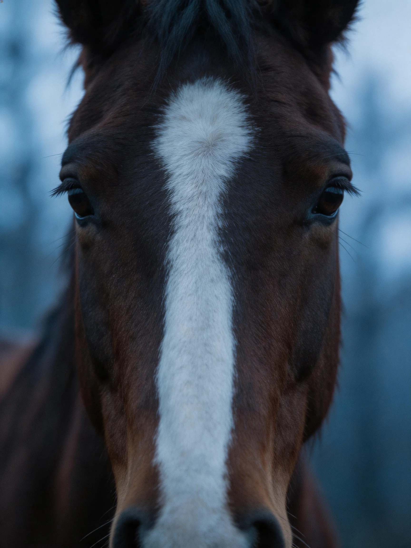A brown horse with a bold white facial stripe