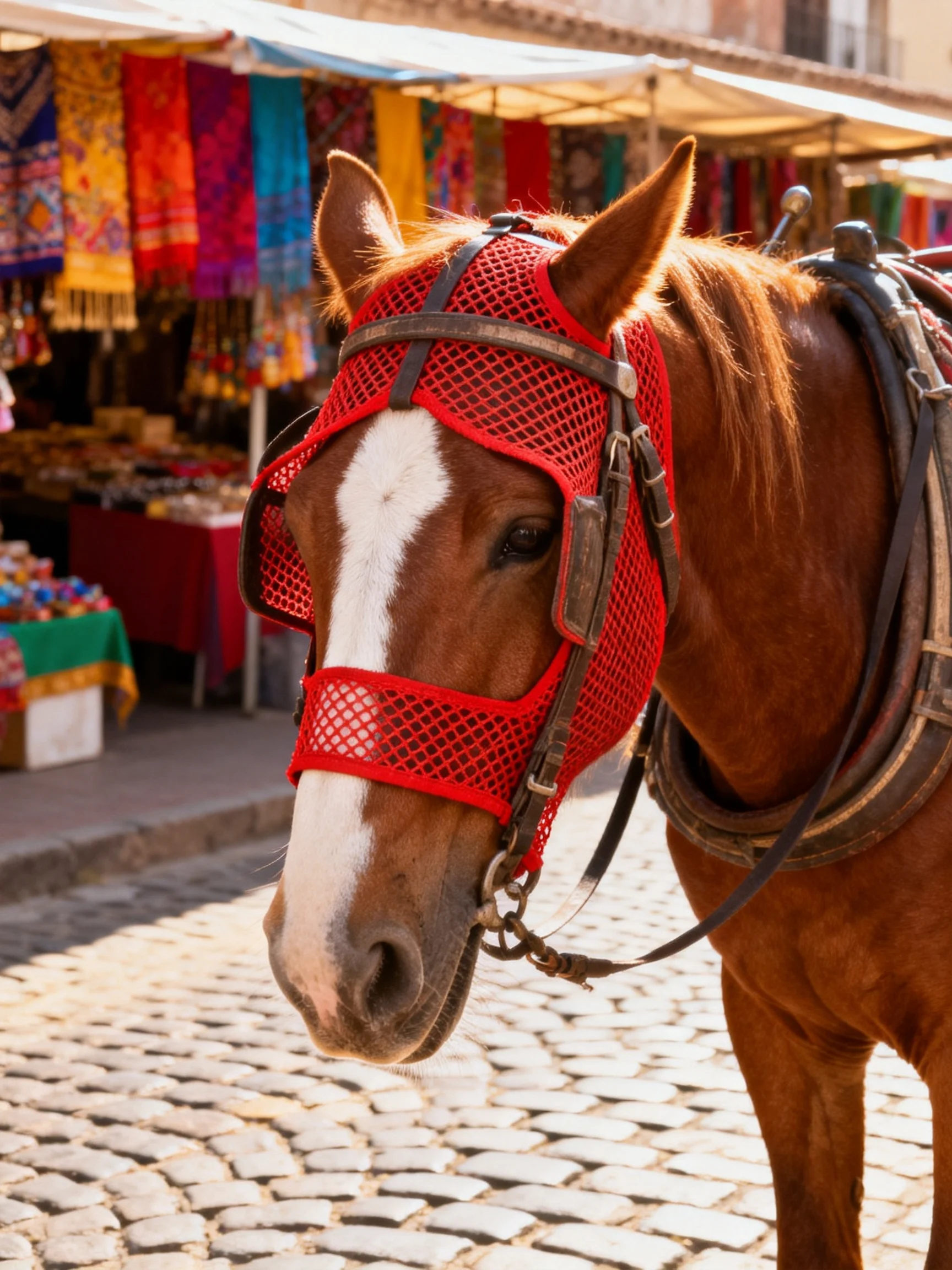 A brown horse with a red mask stands near colorful market stalls.
