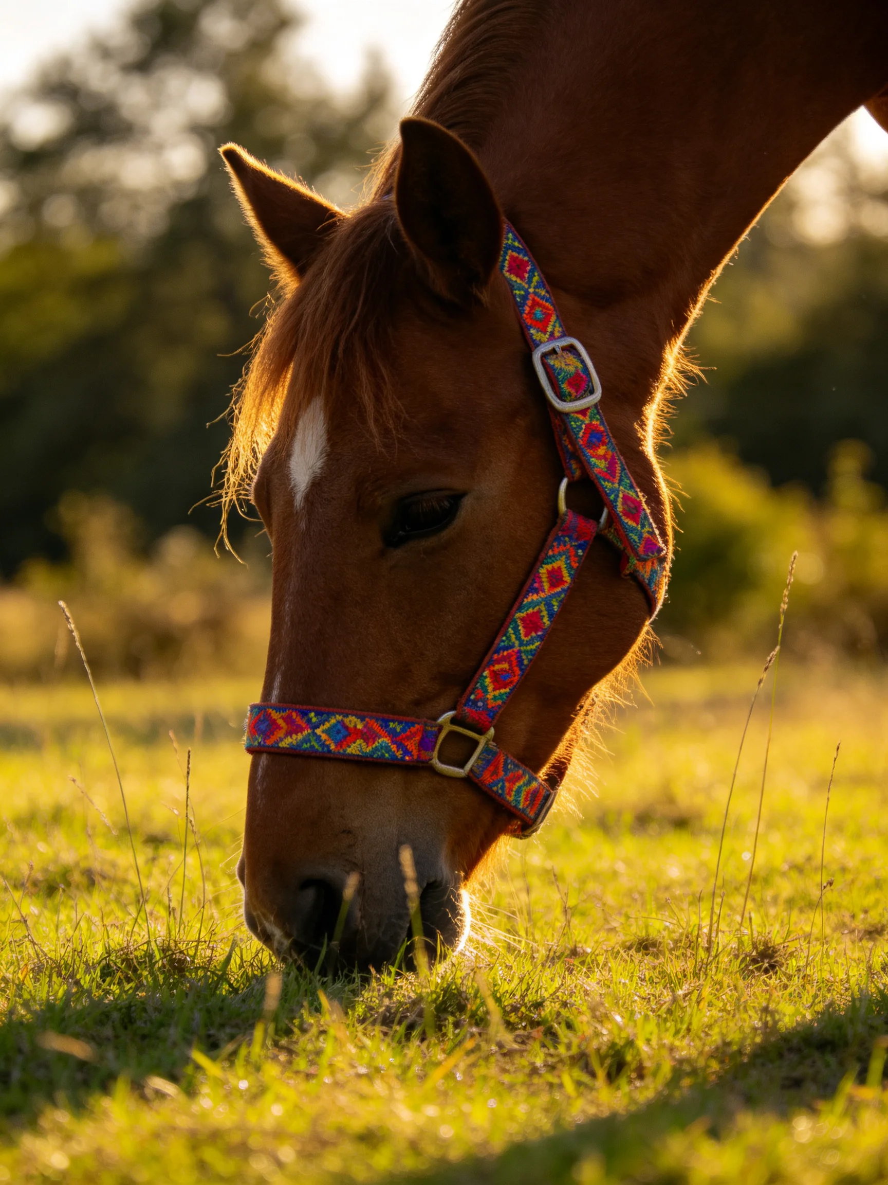 A brown horse with a colorful patterned halter grazes in a sunlit field