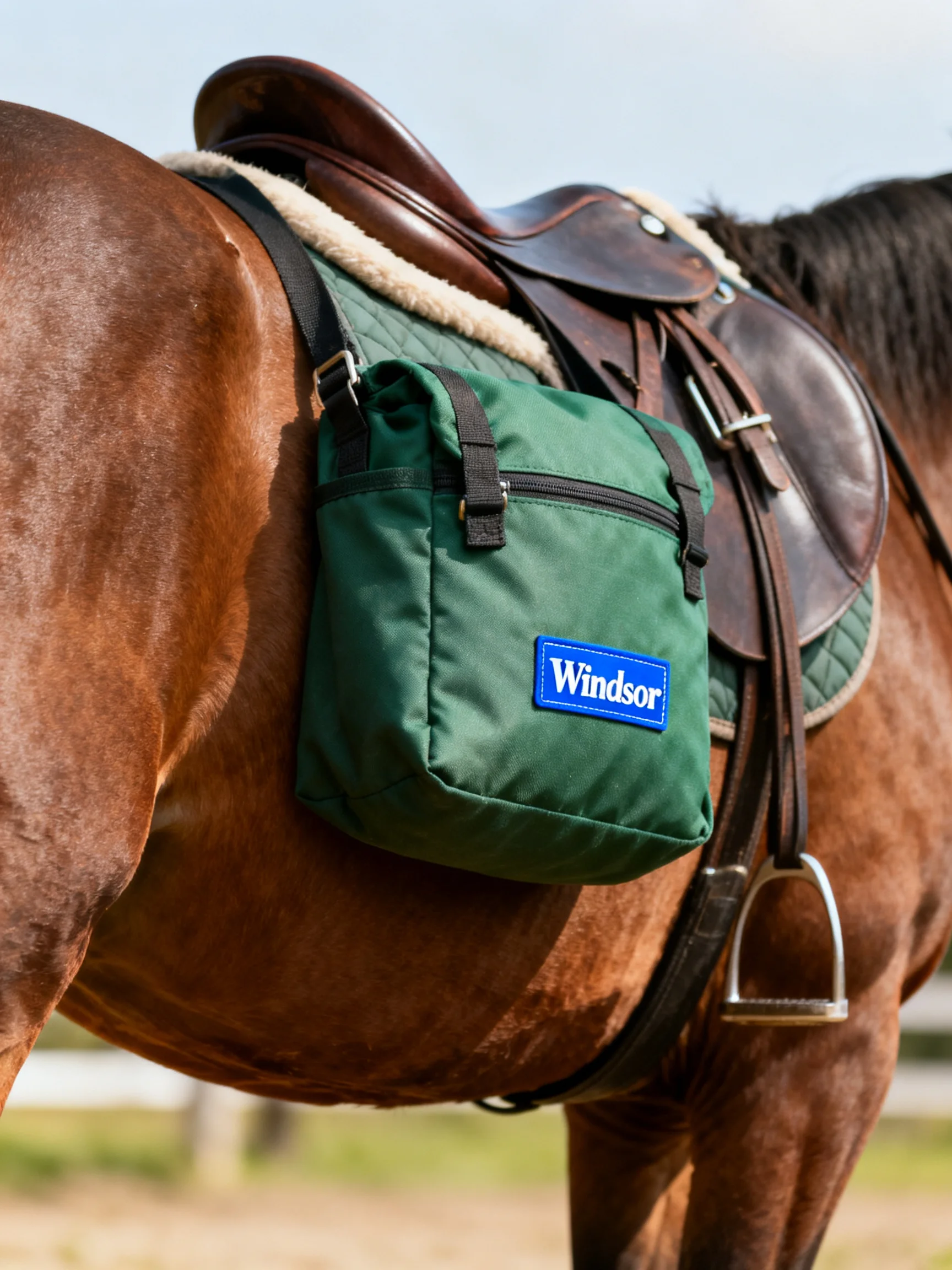 A brown horse with a dark saddle and green Windsor saddlebag