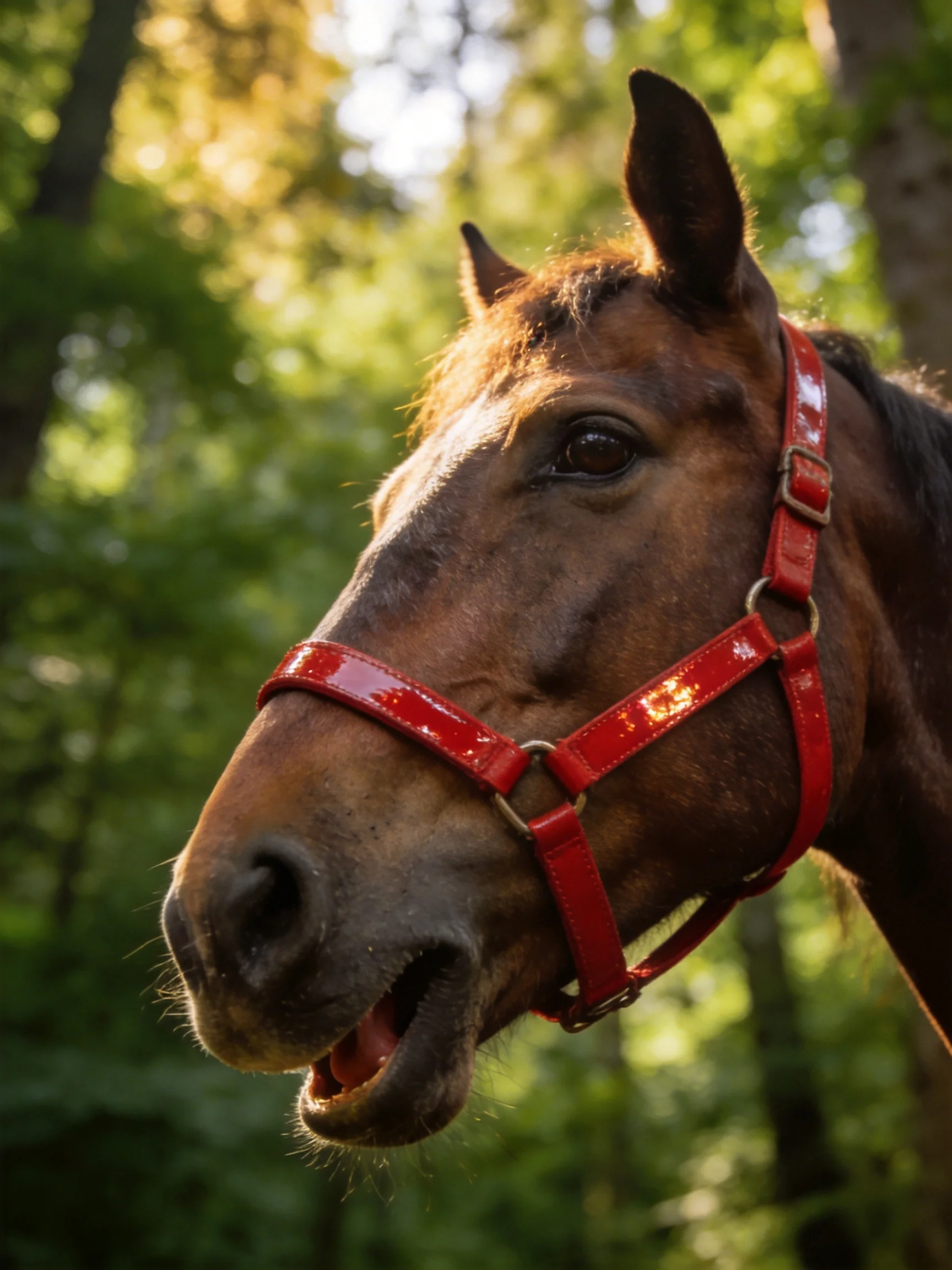 A brown horse with a glossy red halter in a sunlit forest
