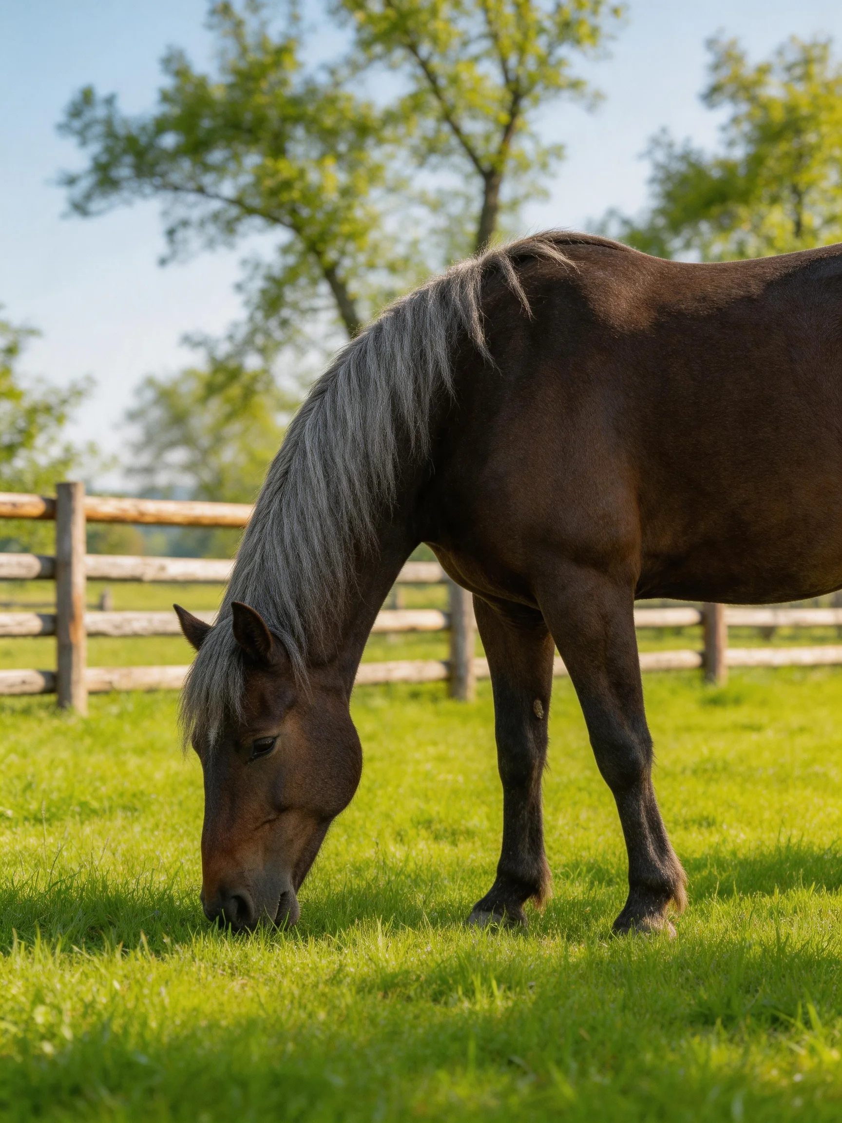 A brown horse with a gray mane grazes in a lush green field near a wooden fence