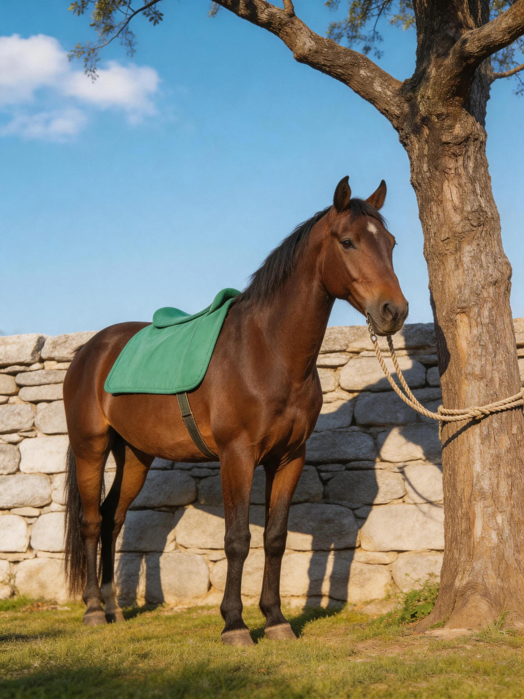 A brown horse with a green saddle is tied to a tree by a stone wall.