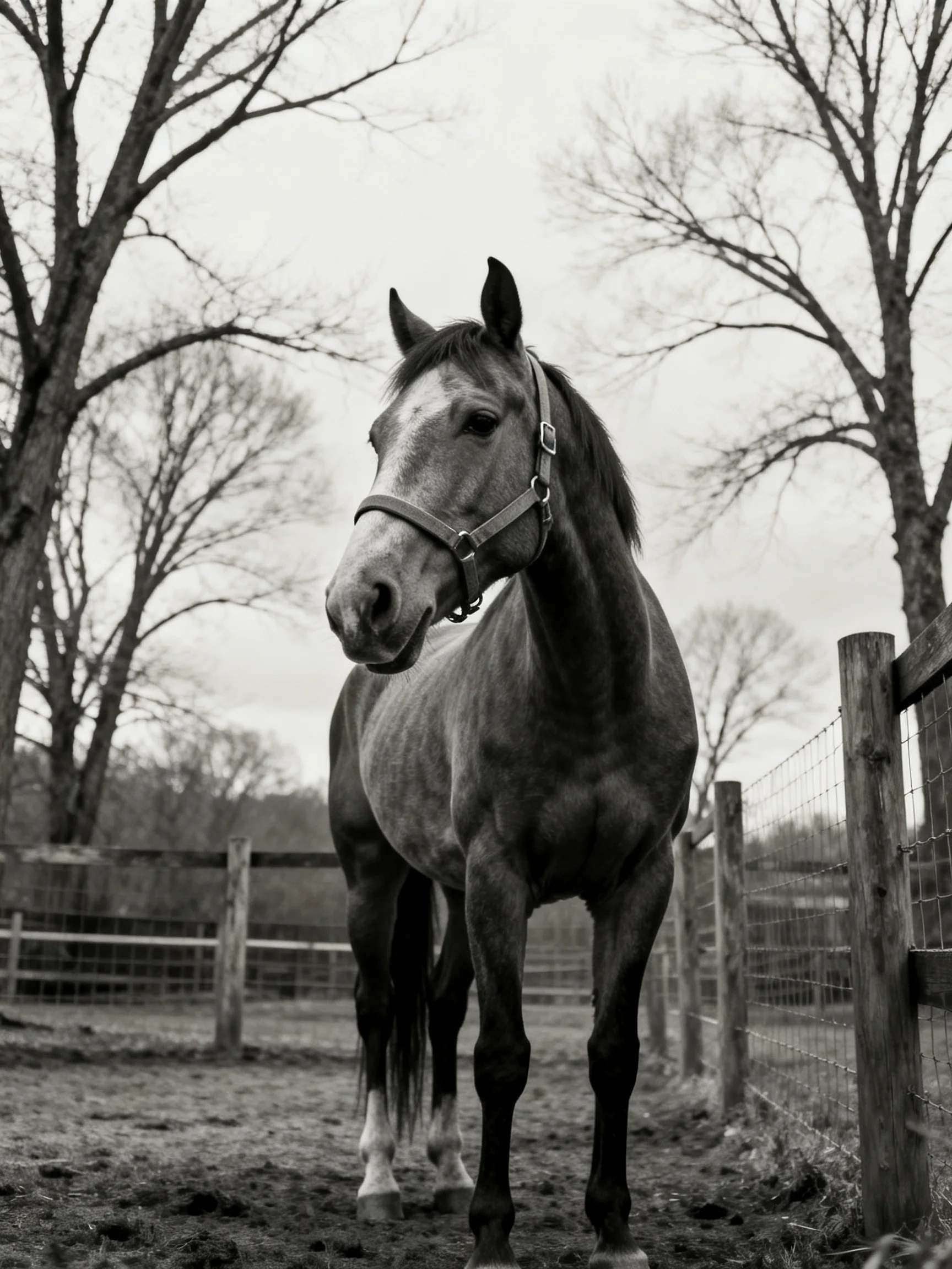 A horse wearing a halter stands in an enclosure with fences and trees.