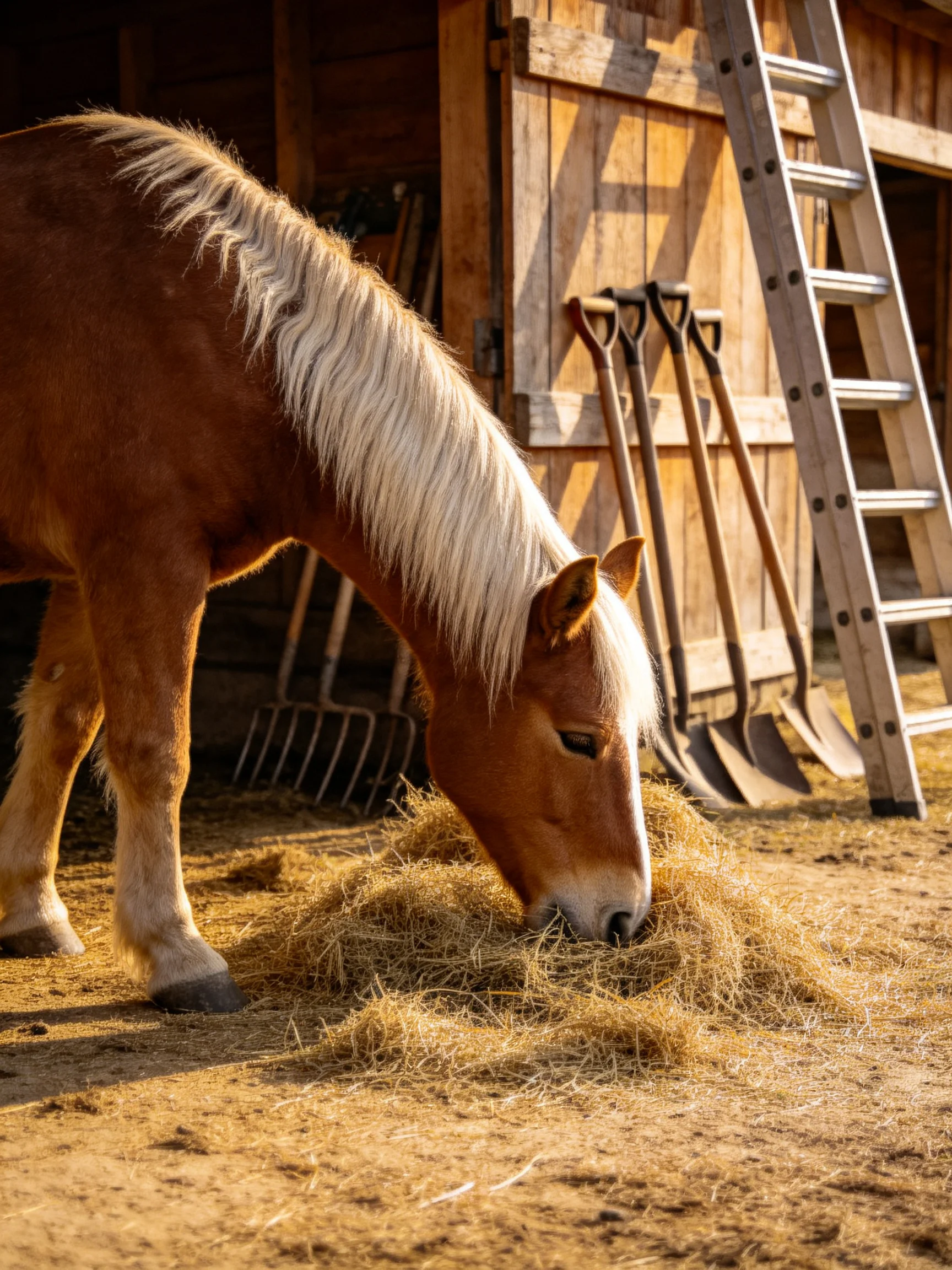 A brown horse with a white mane feeds on hay outside a wooden barn.