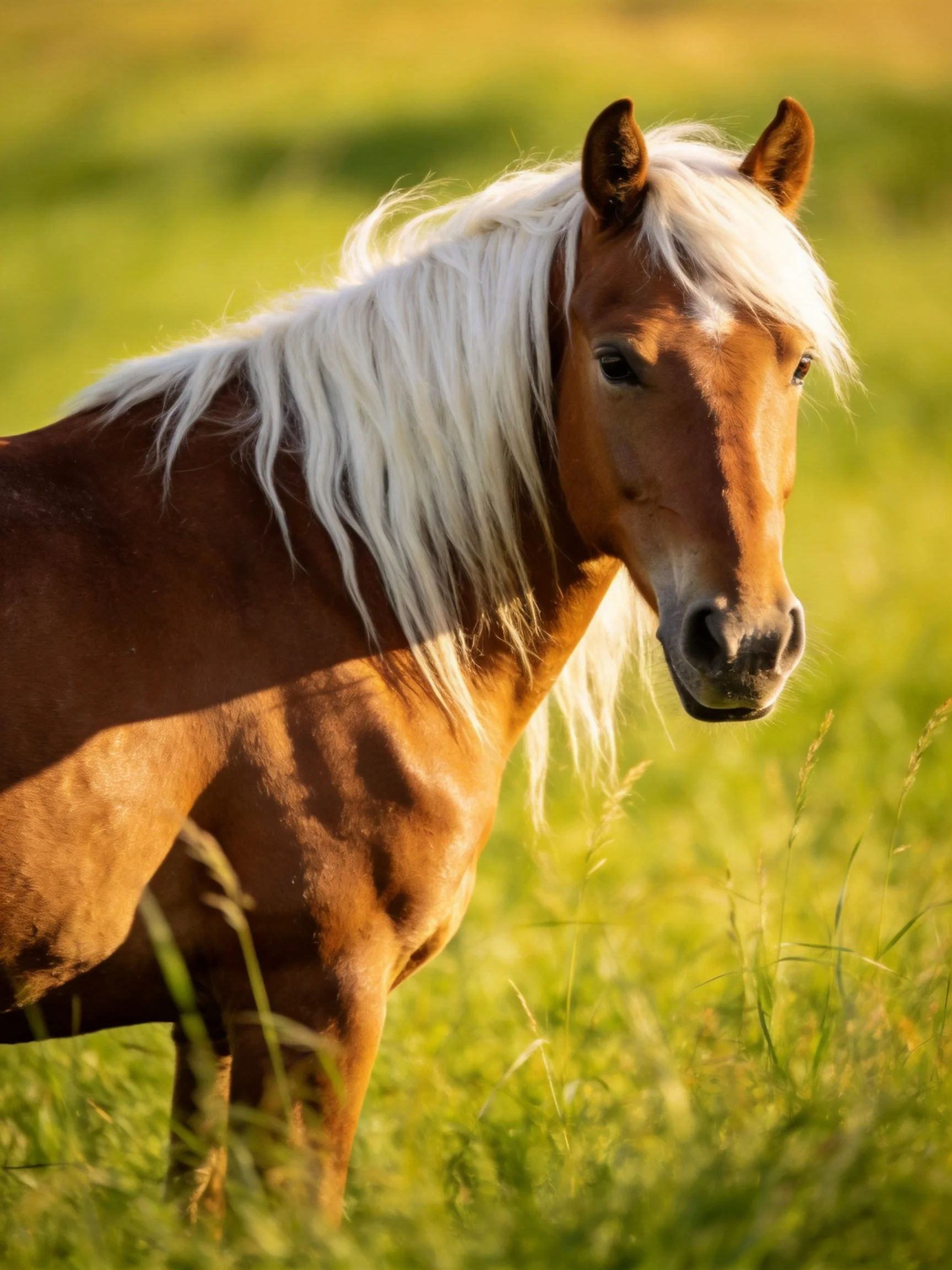 A brown horse with a white mane stands in a sunlit grassy area.