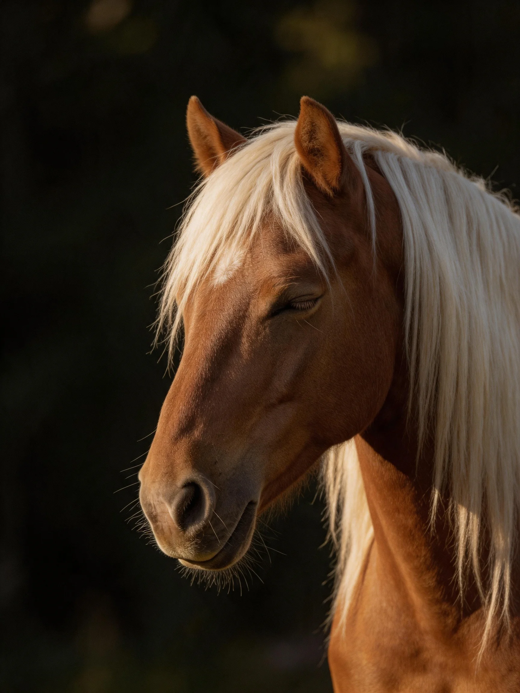A brown horse with a white mane rests with eyes closed amid darkness.