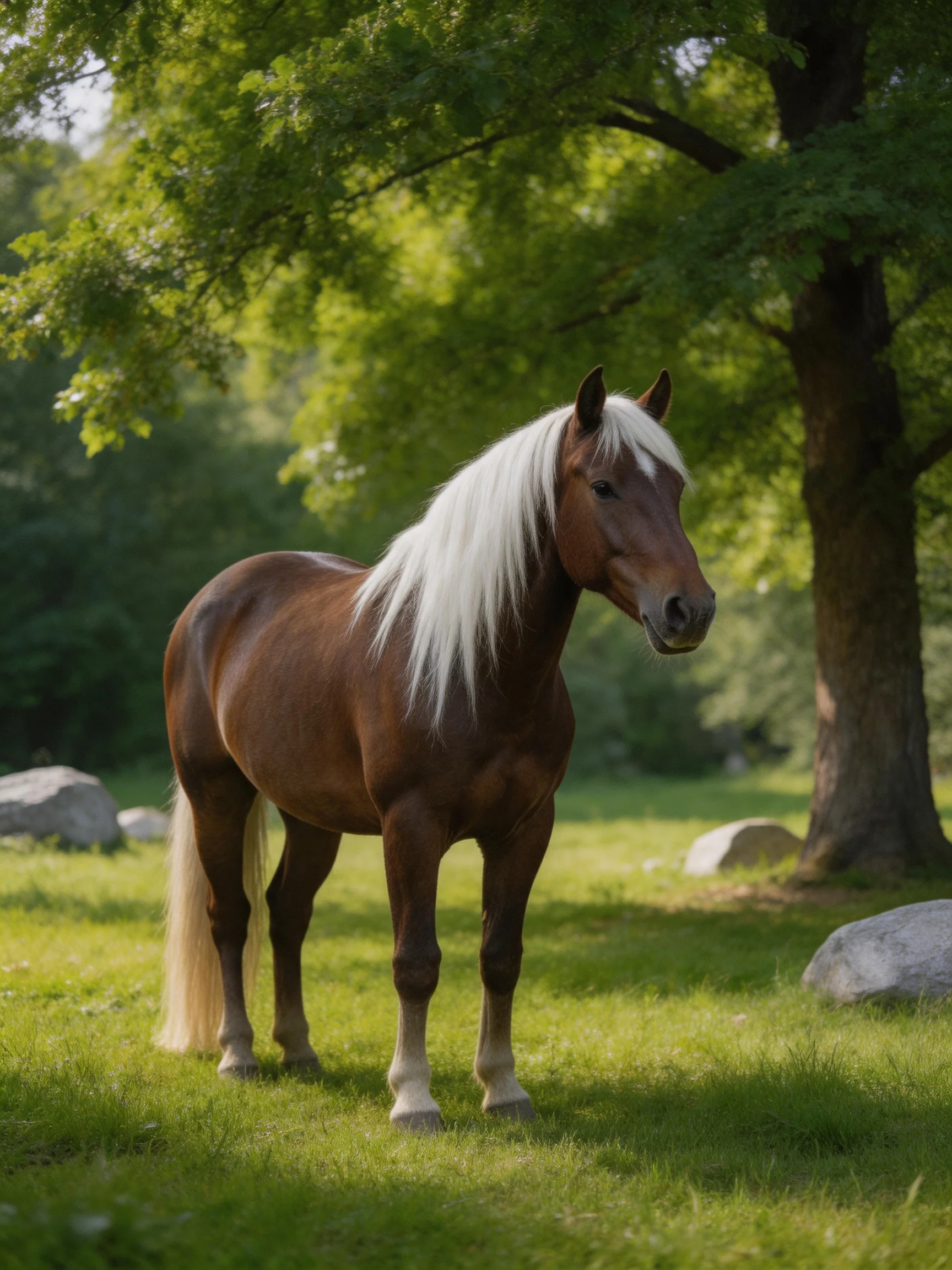 A brown horse with a long white mane stands in a sunlit meadow near trees and rocks.