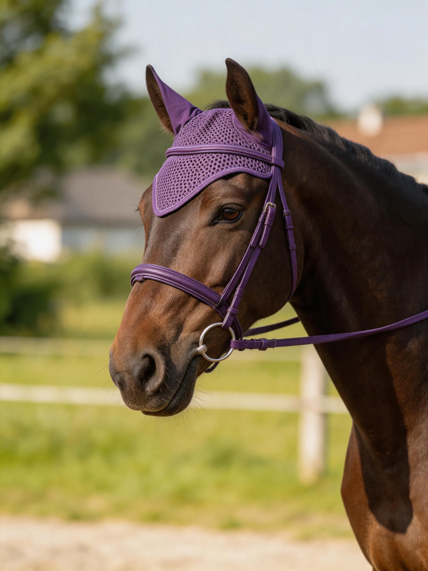A brown horse with a purple bridle is outdoors.