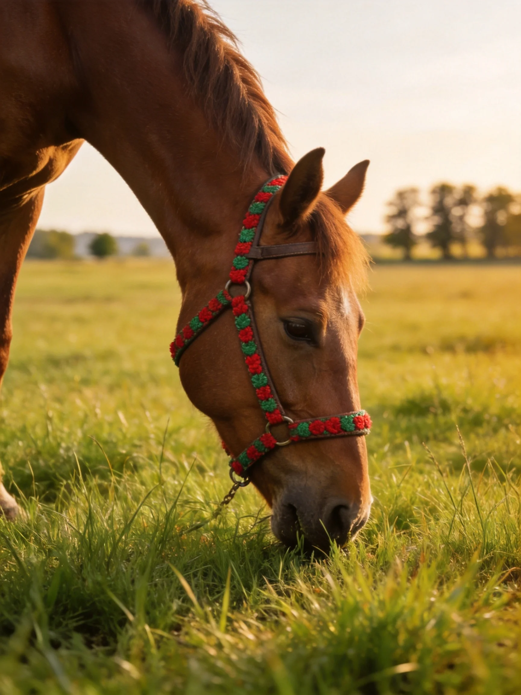 A brown horse with a red-green halter grazes in a golden field