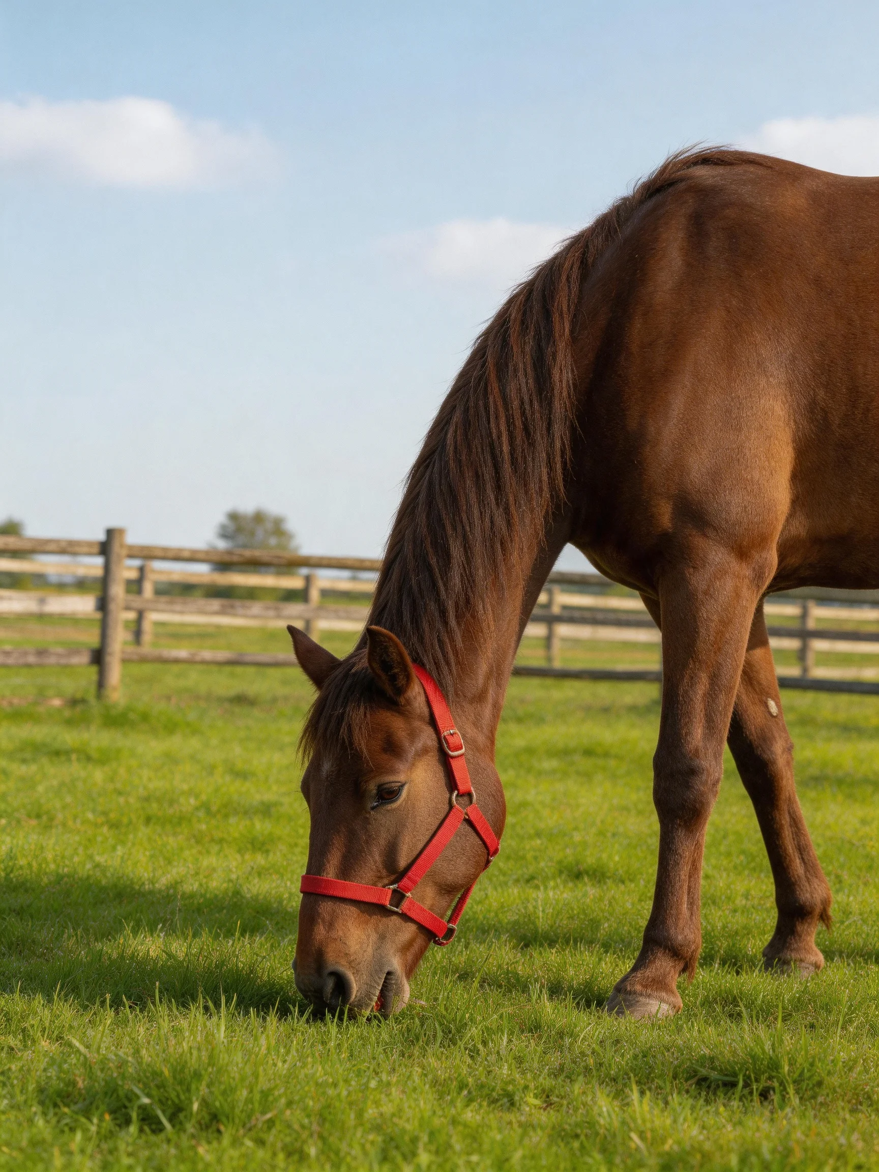 A brown horse with a red halter grazes in a lush green pasture