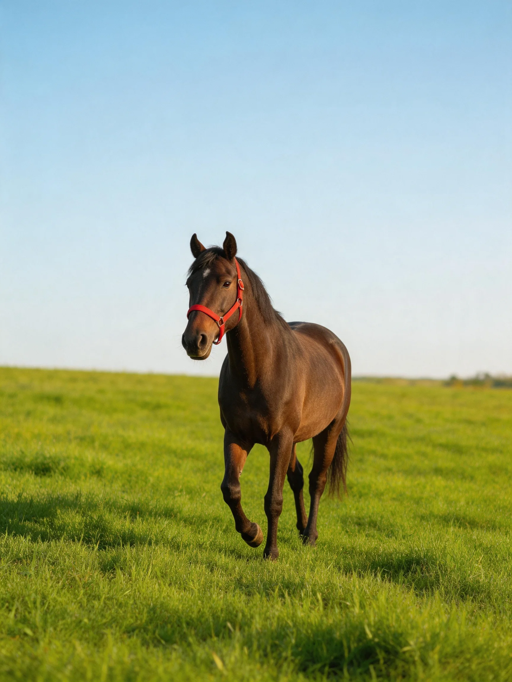 A brown horse with a red halter trots through a lush green meadow