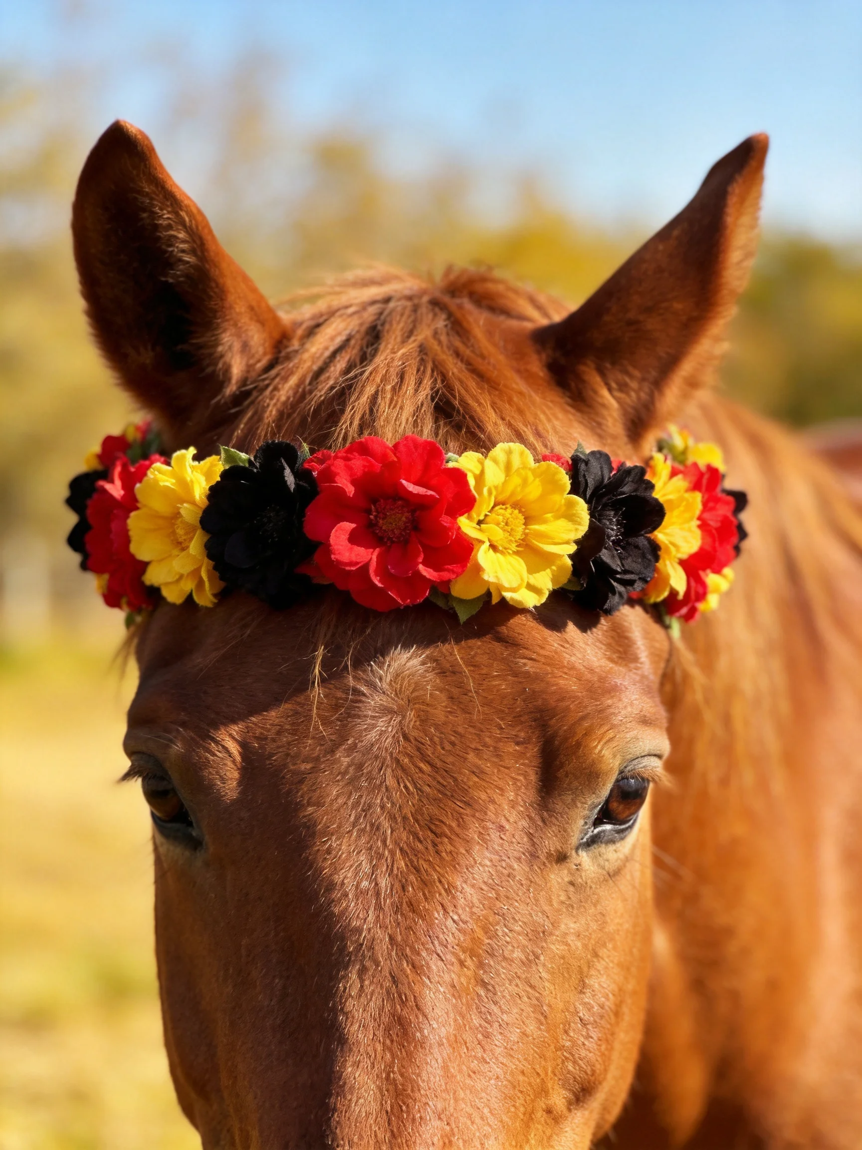 A brown horse with a red, yellow, and black flower crown outdoors