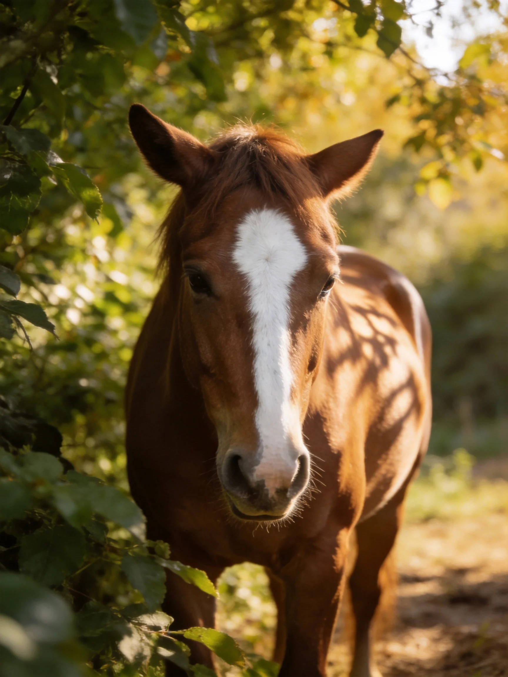 A brown horse with a white blaze among green foliage