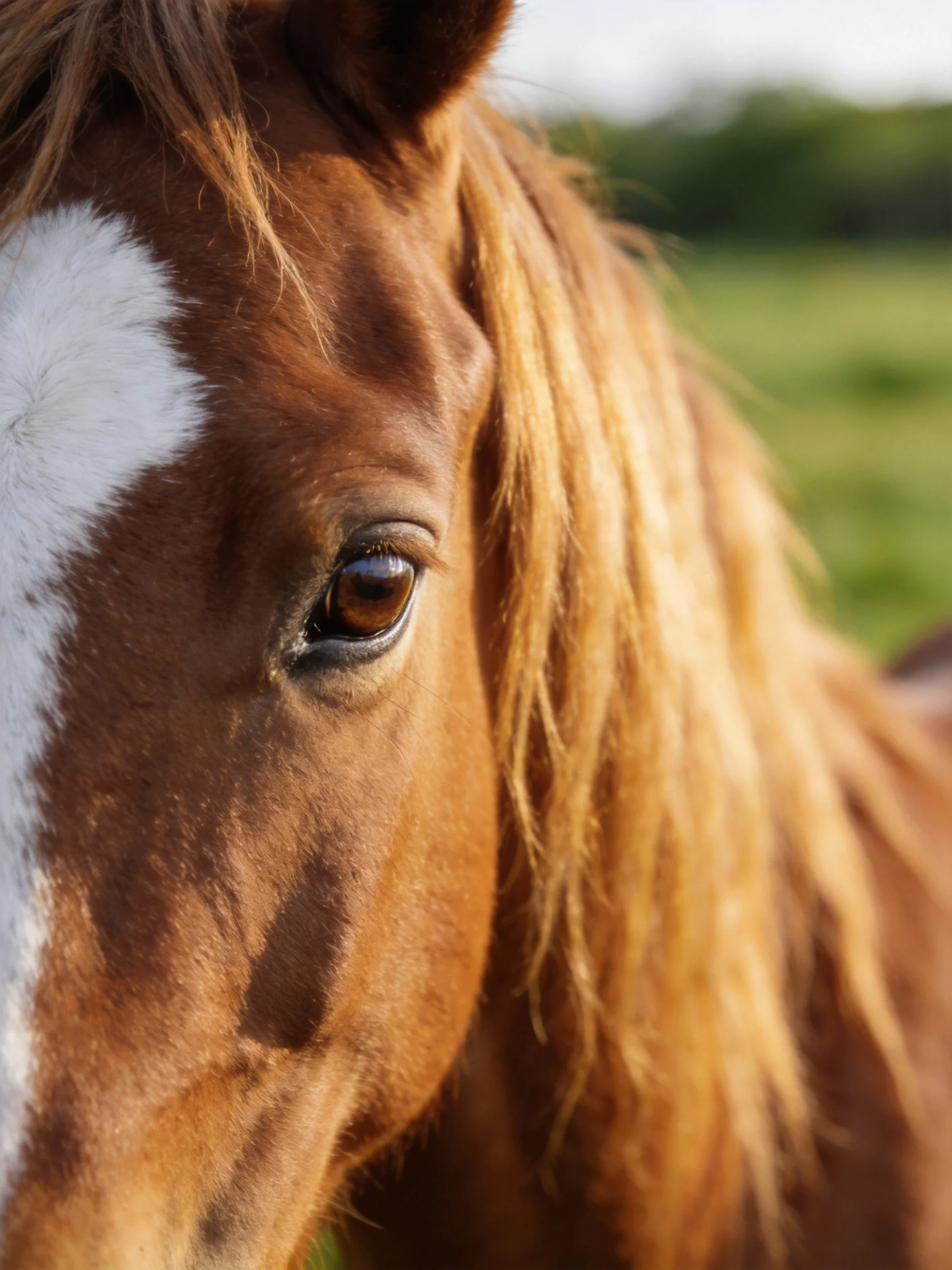 A brown horse with a white blaze and golden mane in a green field