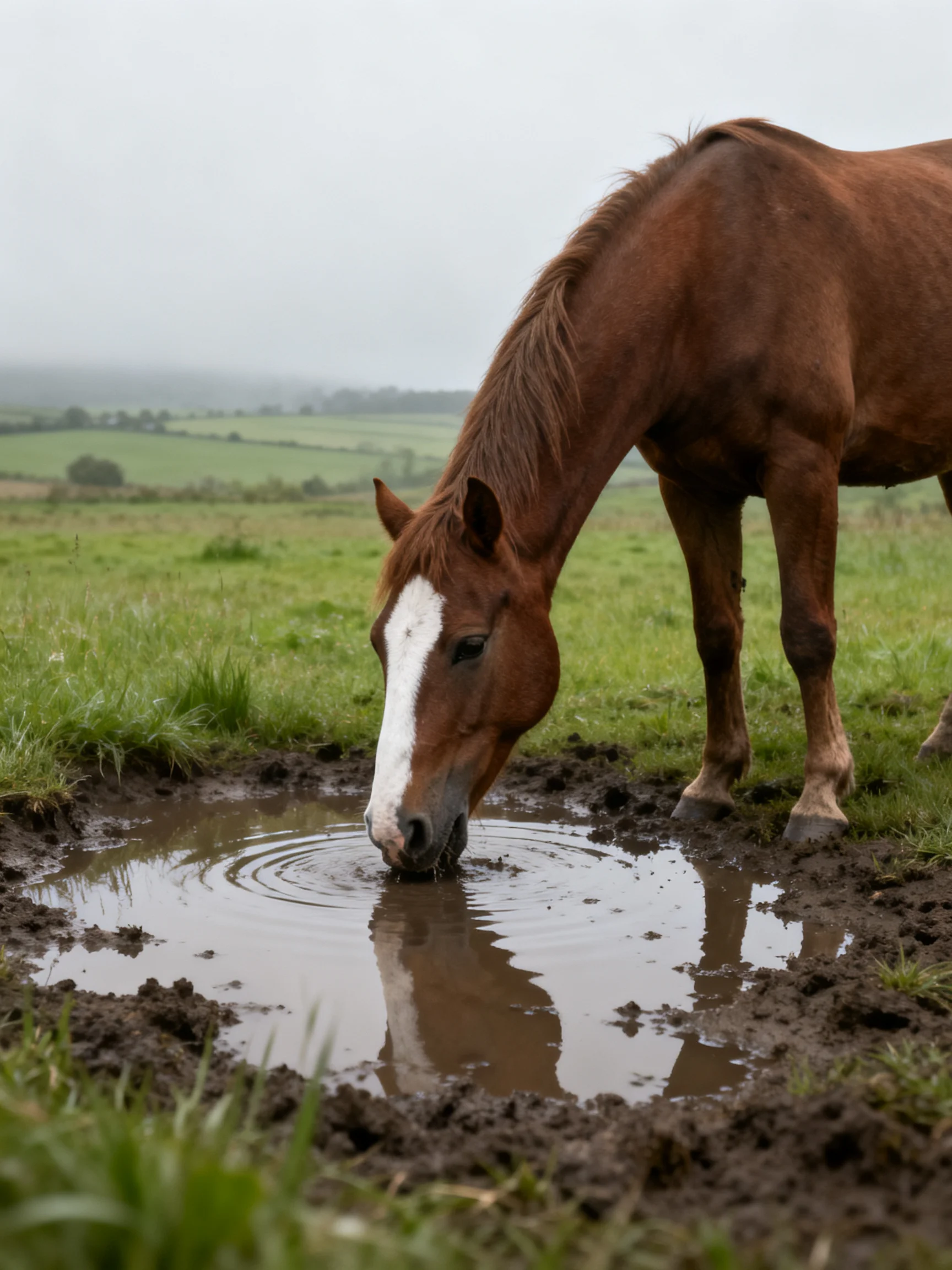 A brown horse with a white blaze drinks from a muddy pond in a green pasture.