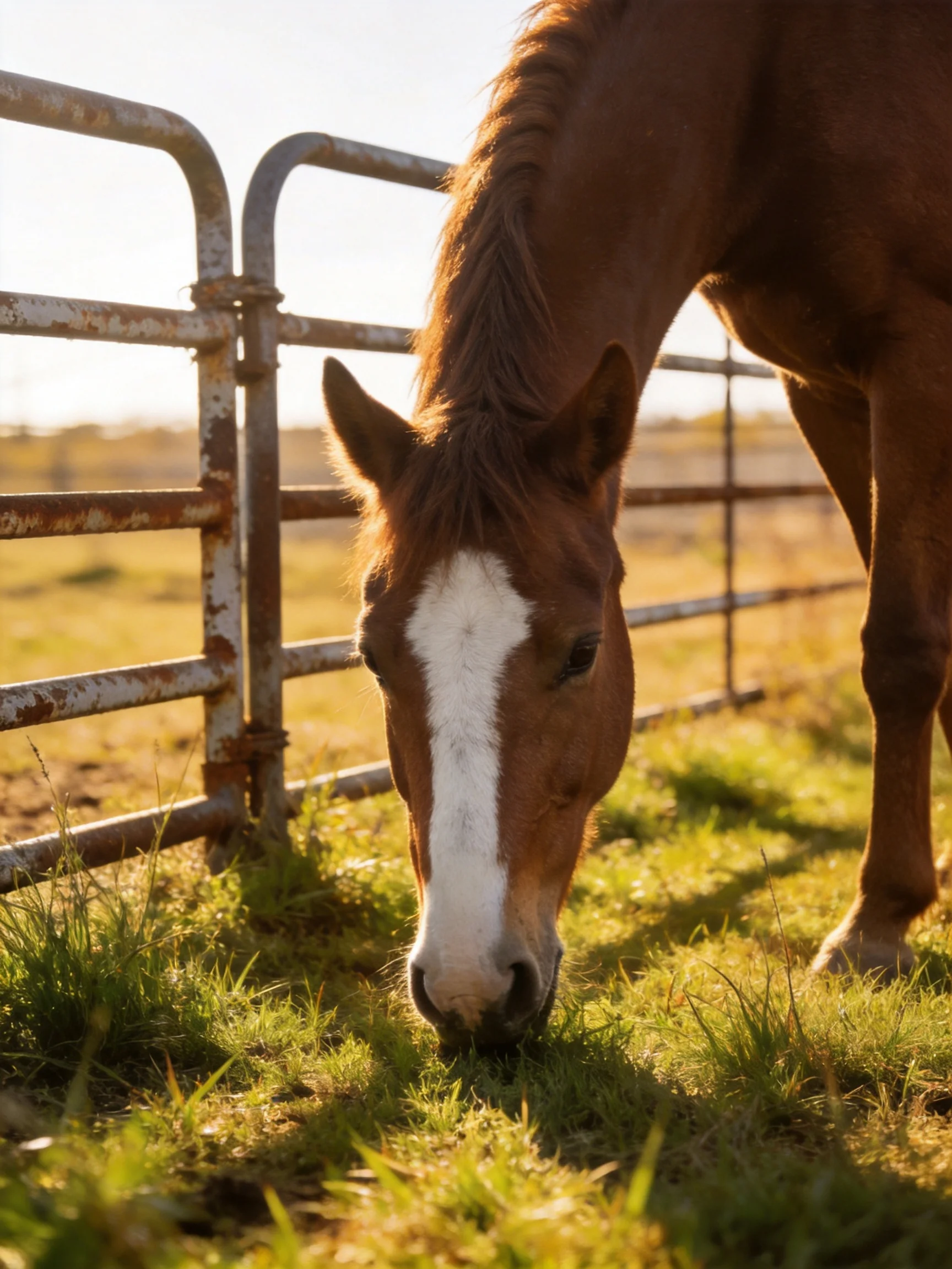 A brown horse with a white blaze grazes by a weathered metal fence