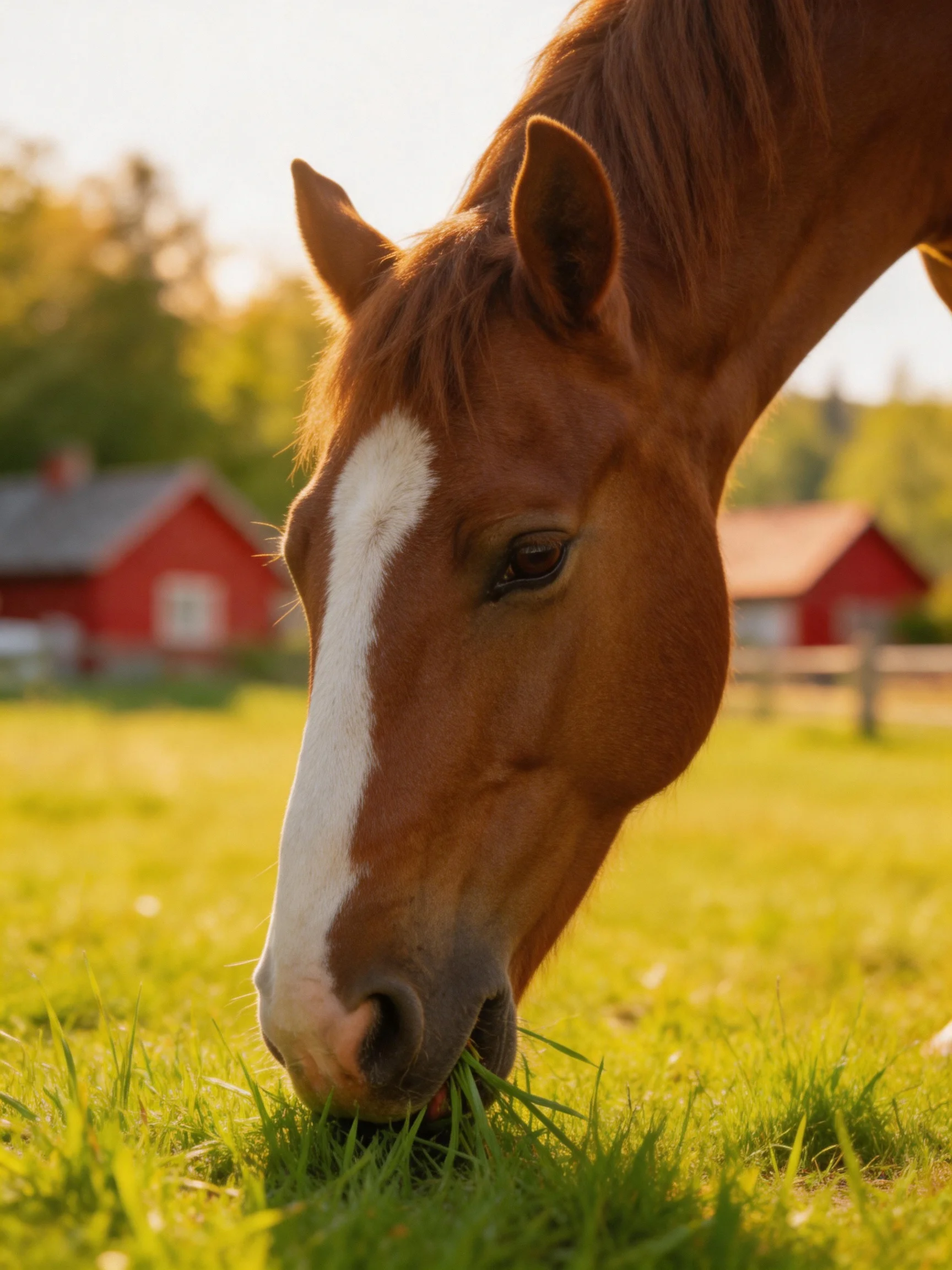A brown horse with a white blaze grazes in a sunlit farm field