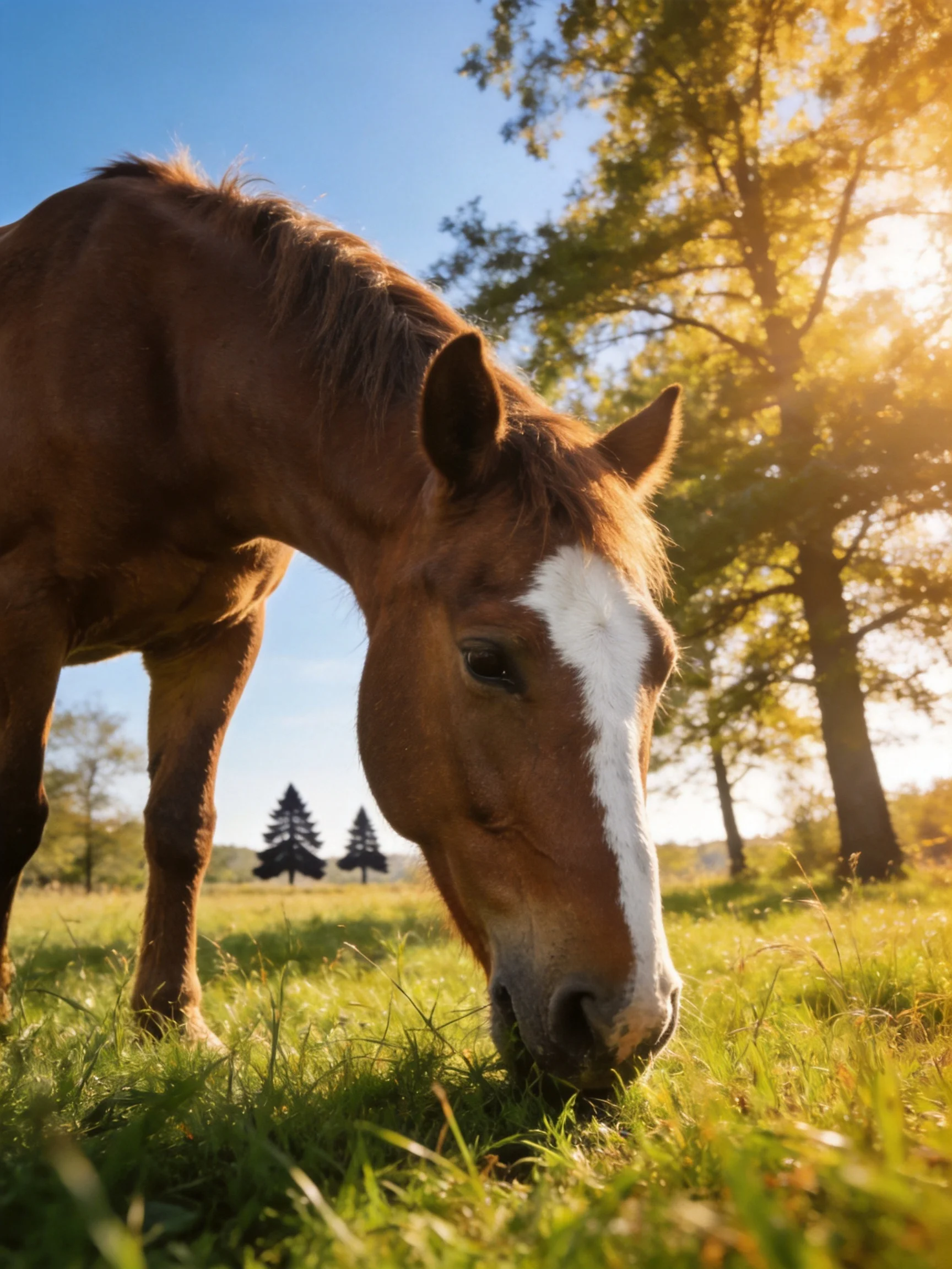 A brown horse with a white blaze grazes in a sunlit meadow