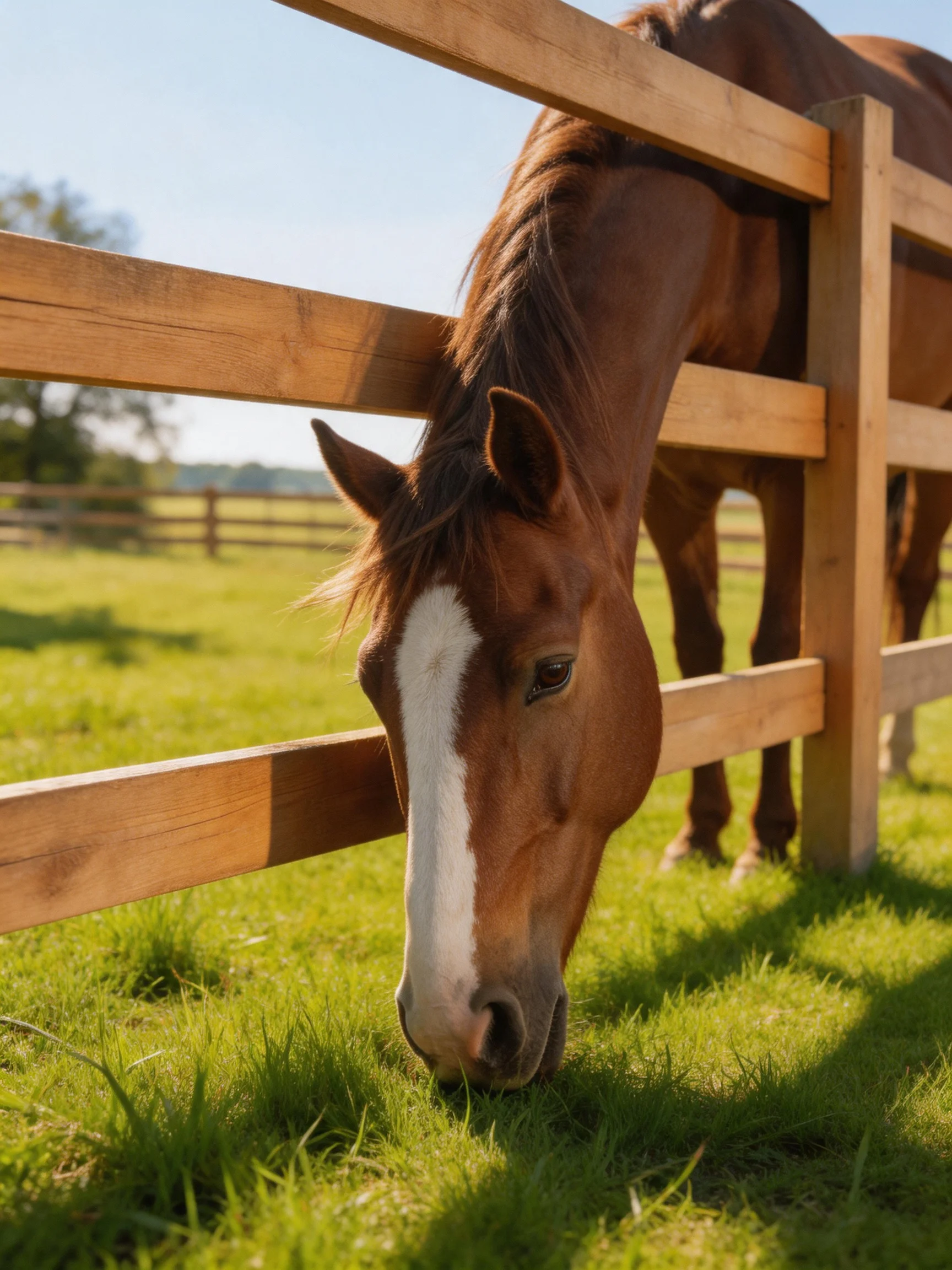 A brown horse with a white blaze grazes near a wooden fence in a sunlit meadow.