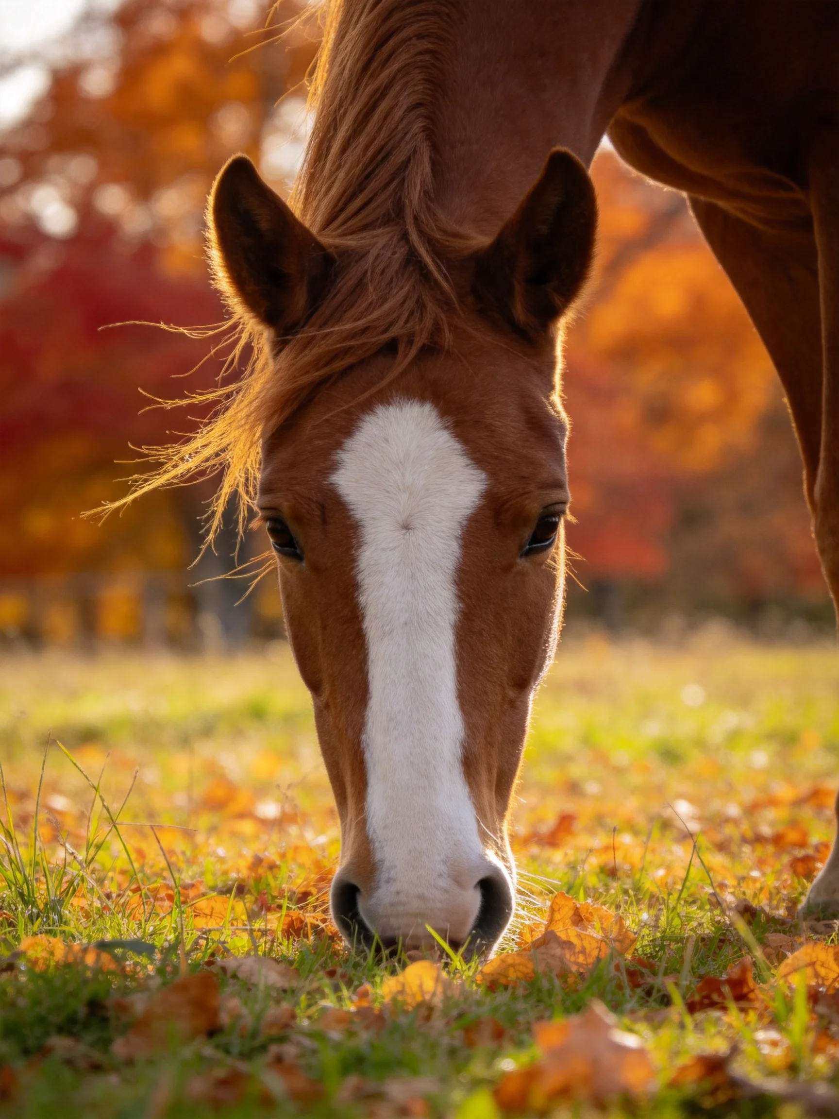 A brown horse with a white blaze grazing amid autumn foliage