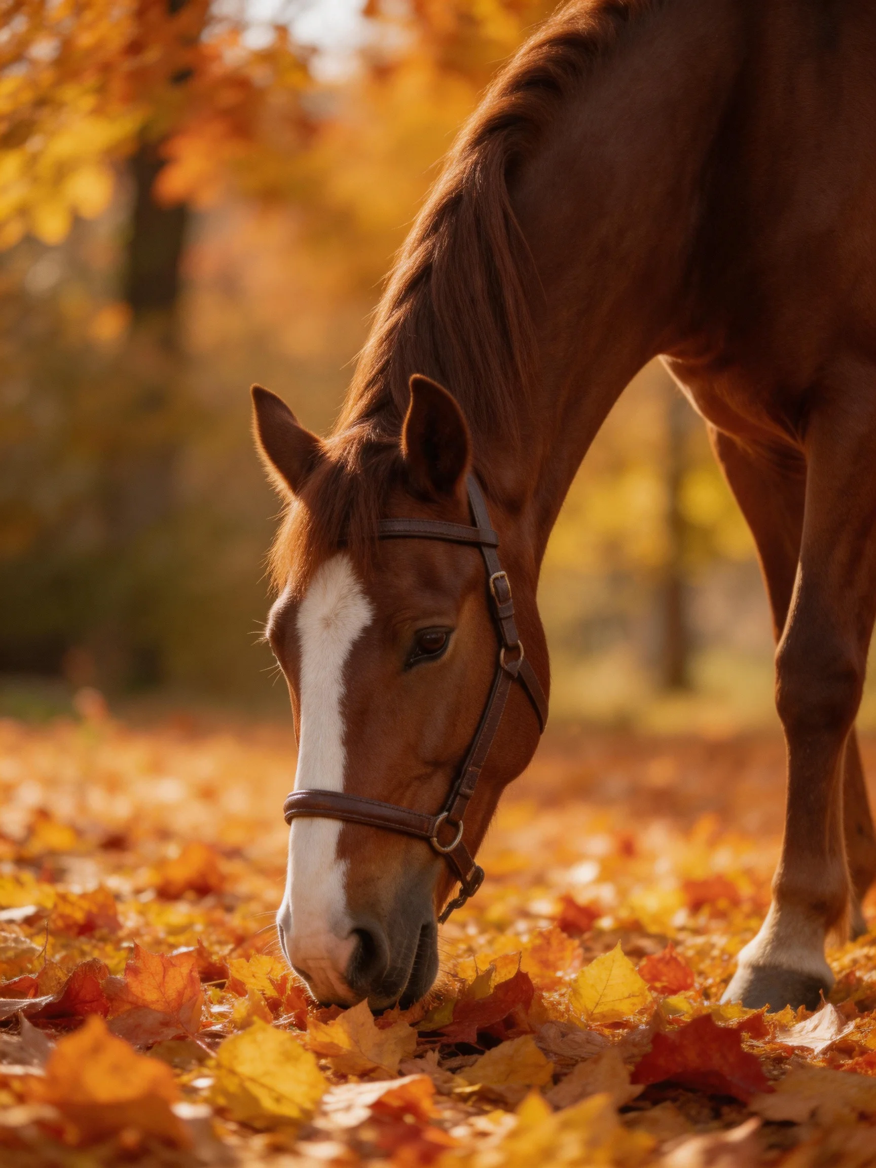 A brown horse with a white blaze grazing among autumn leaves