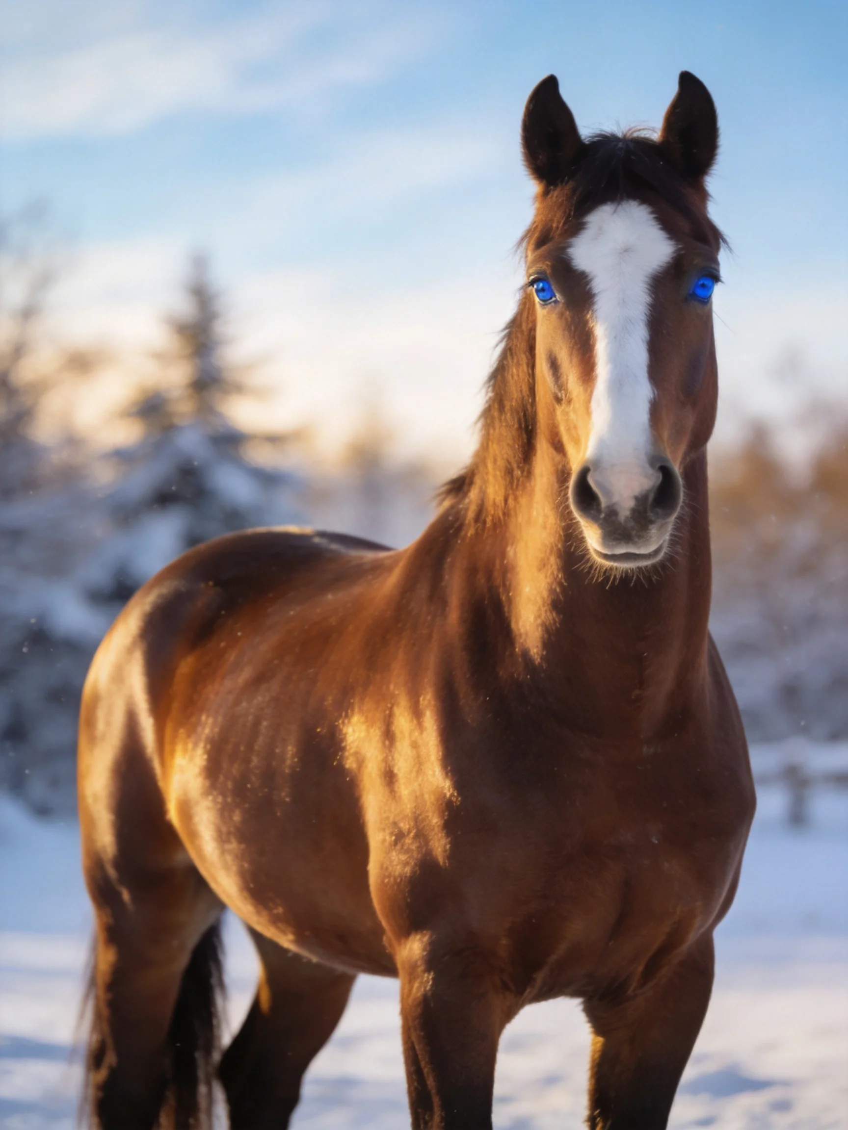A brown horse with a white blaze in a snowy winter landscape