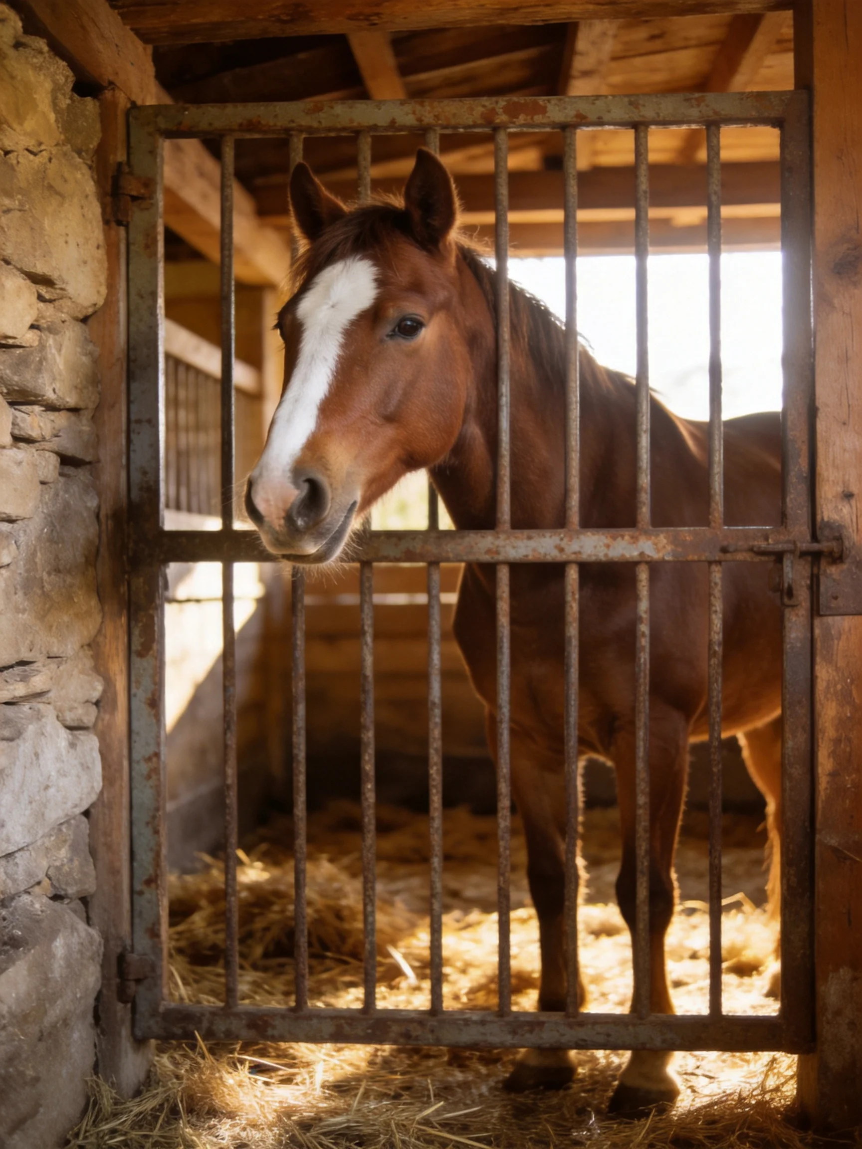 A brown horse with a white blaze in a stone-stable enclosure with metal bars
